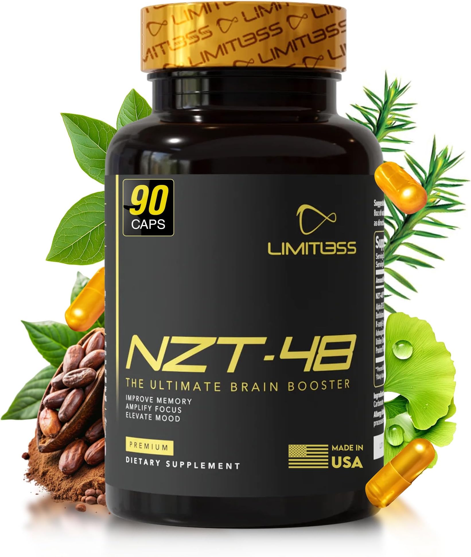 NZT-48 Brain Booster | Nootropic Brain Supplements for Memory and Focus | Premium Natural Energy Supplement with Caffeine, Phosphatidylserine, Vitamins B6 & B12, Ashwagandha | 90 Servings