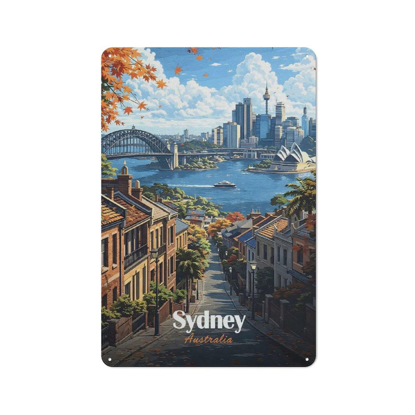 Junmoney Style-10 Sydney Skyline With Opera House And Harbour Bridge Rustic Metal Sign 30X20cm, Barn Style Farmhouse Wall Decor For Kitchen, Cottage, Porch Or Garden Room