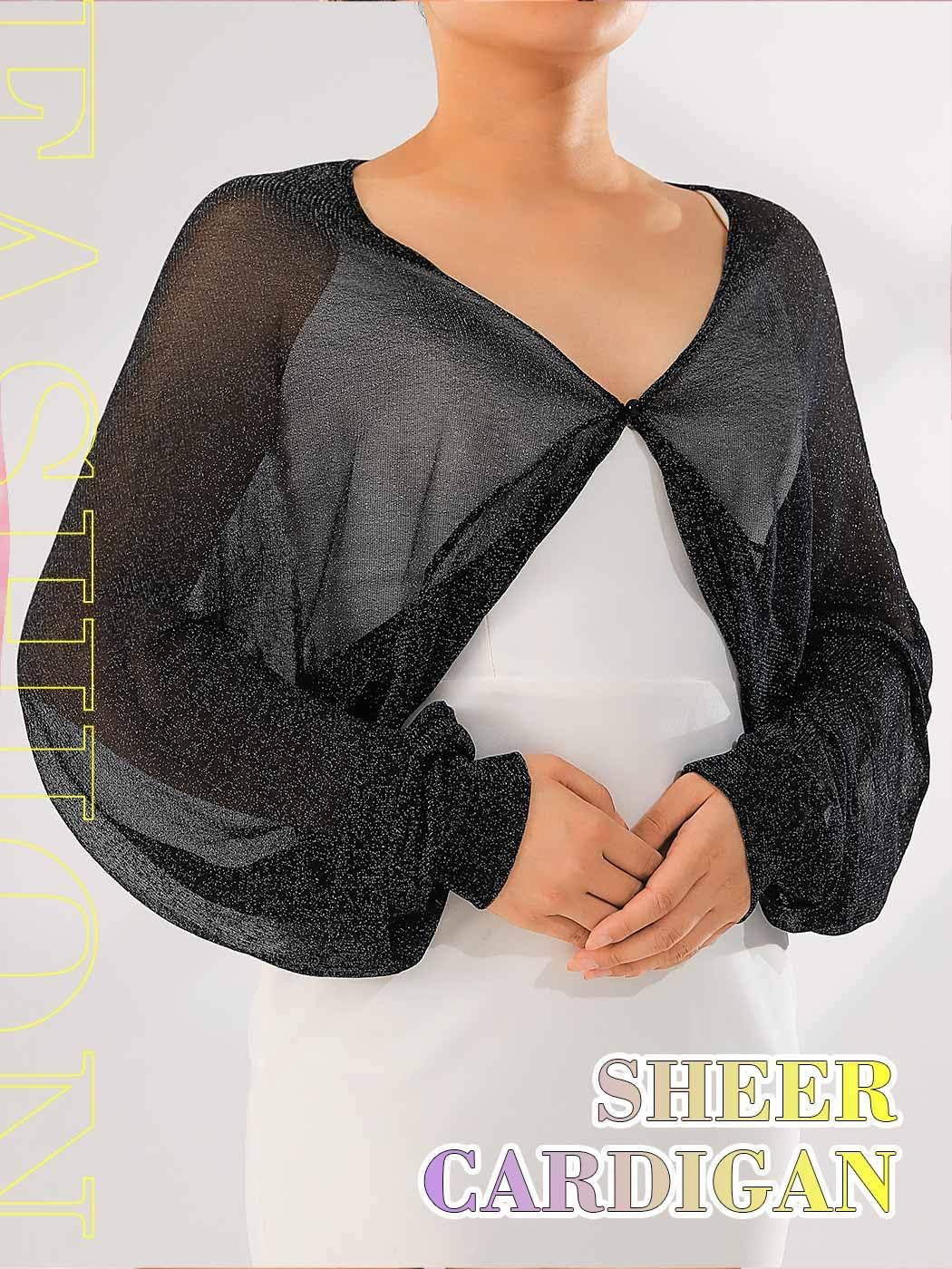 Asooll Glitter Shrug Long Sleeve Bolero Black Seethrough formal Shrugs for Women - Image 2