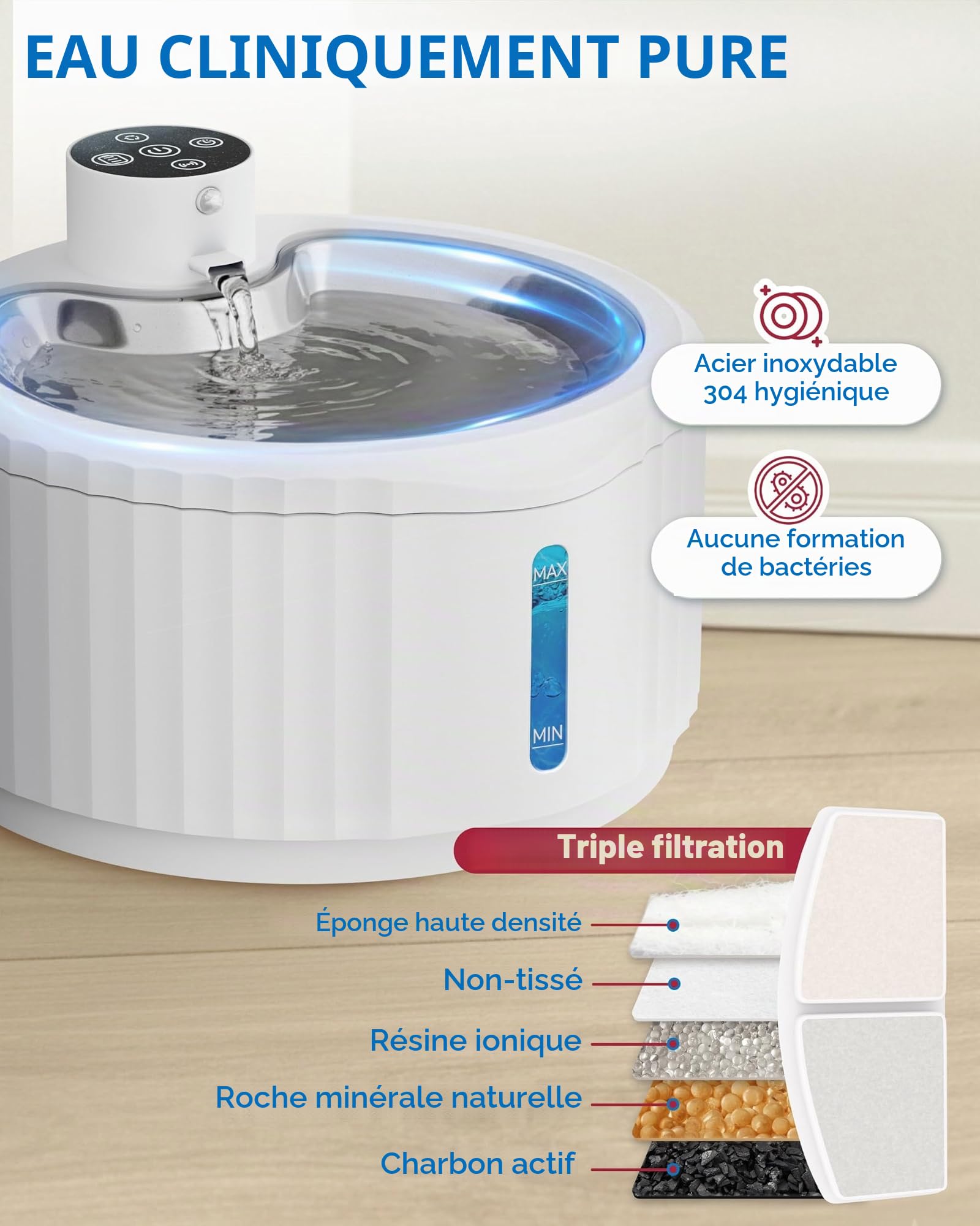 Miaura® Fontaine à eau pour chat sans fil et super silencieuse - Fontaine à boire pour chat 2,8L de capacité - Fontaine à eau pour chat avec détecteur de mouvement - Fontaine à eau pour chat avec une