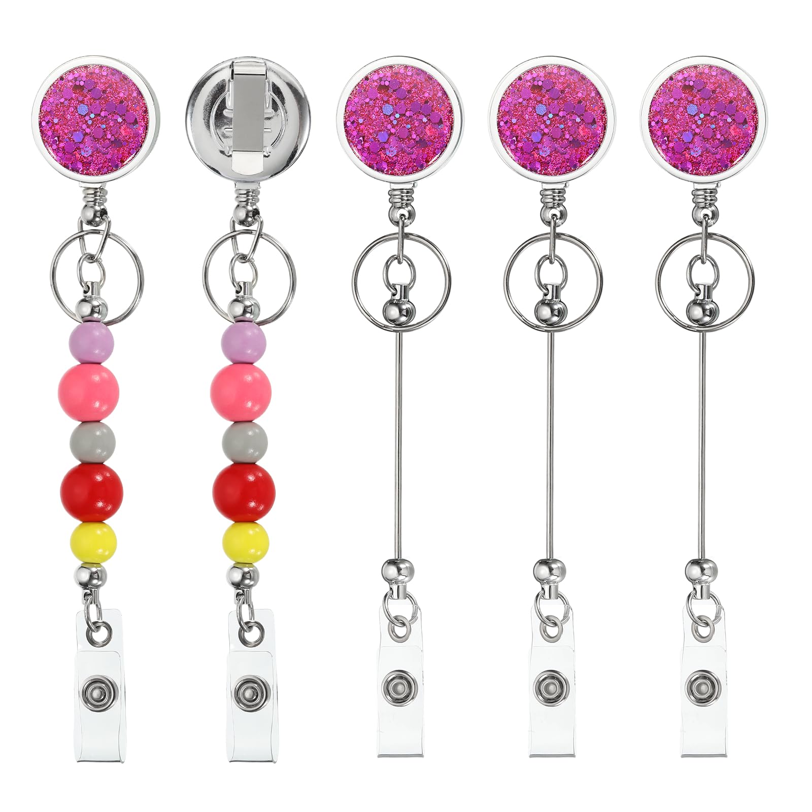 PATIKIL Beadable Badge Reels, 5 Pcs Bead Retractable Badge Holder, Retractable Bead Reel Keychain Blank Bar with Belt Clip for ID Name Key Teachers Office Workers DIY Gift, Dark Purple