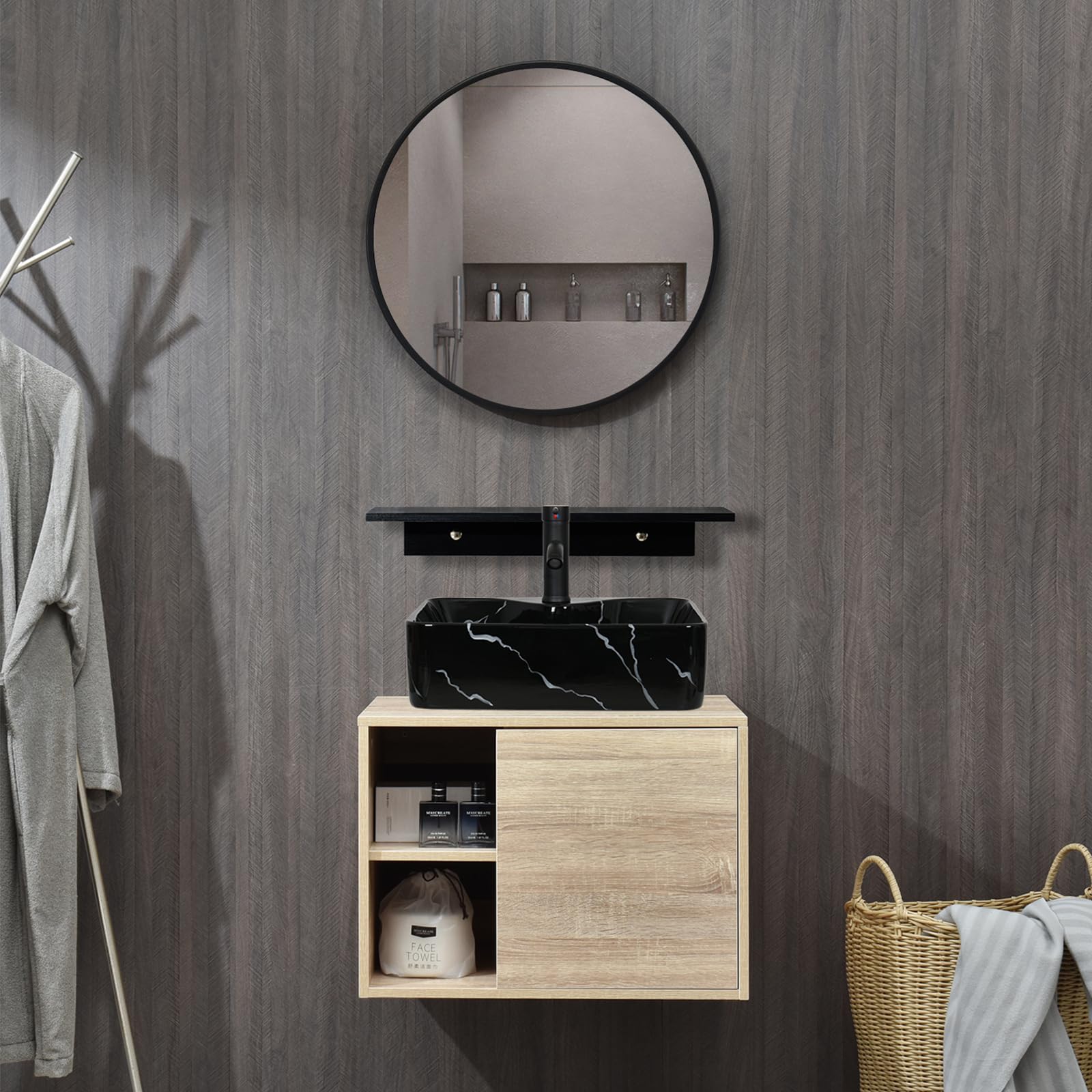 YU YUSING Lavabo Sobre Encimera con Grifo, Lavabo Baño de Cerámica 48x38x13.5 cm, Lavabos de Lujo para Baño, Cocina, Aseo de Invitados, Tocador, Moderno Negro, Rectangular