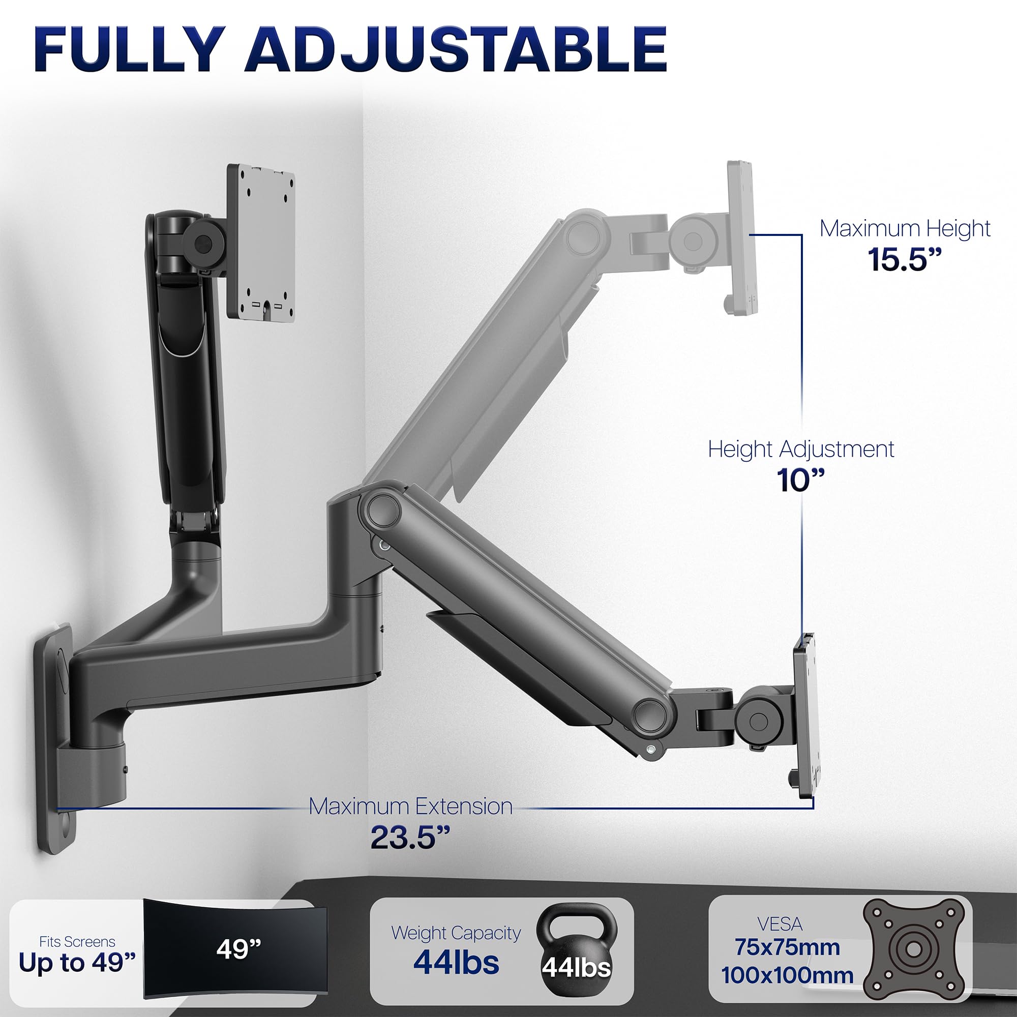 Soporte de Pared con Contrapeso para Monitor Ultrawide Vivo para Pantallas de hasta 49 Pulgadas, Soporta 44 lbs, Movimiento Completo, VESA Máx. 100x100, Negro, MOUNT-V101V