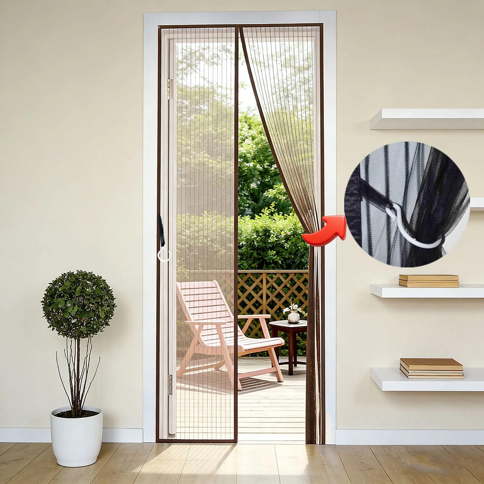 Fliegengitter Balkontür Magnet 155 x 260 cm Ohne Bohren Stärkere Magneten Automatisches Schließen Fliegengitter Magnet für Wohnzimmer Schiebetür, Braun