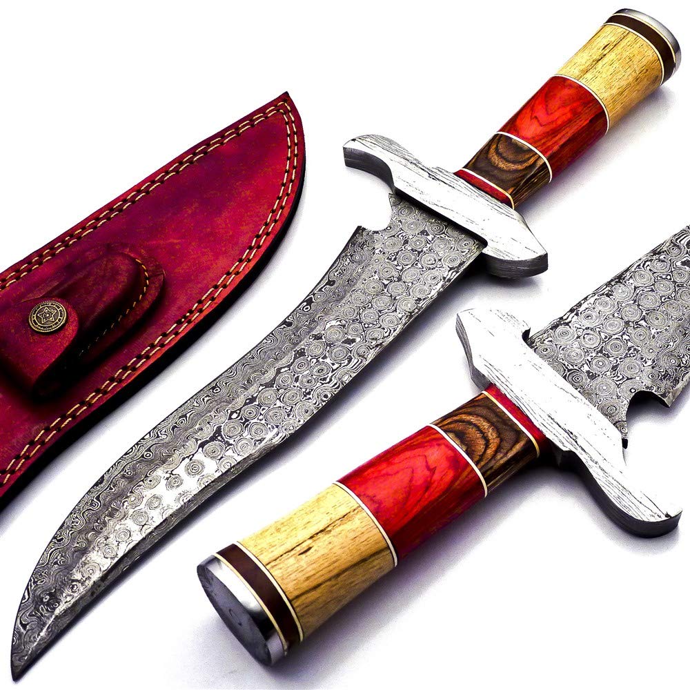 Custom Blood Grooved Damascus Fighter Knife Best Outdoor Knife Camping Knife with Beautiful Handle