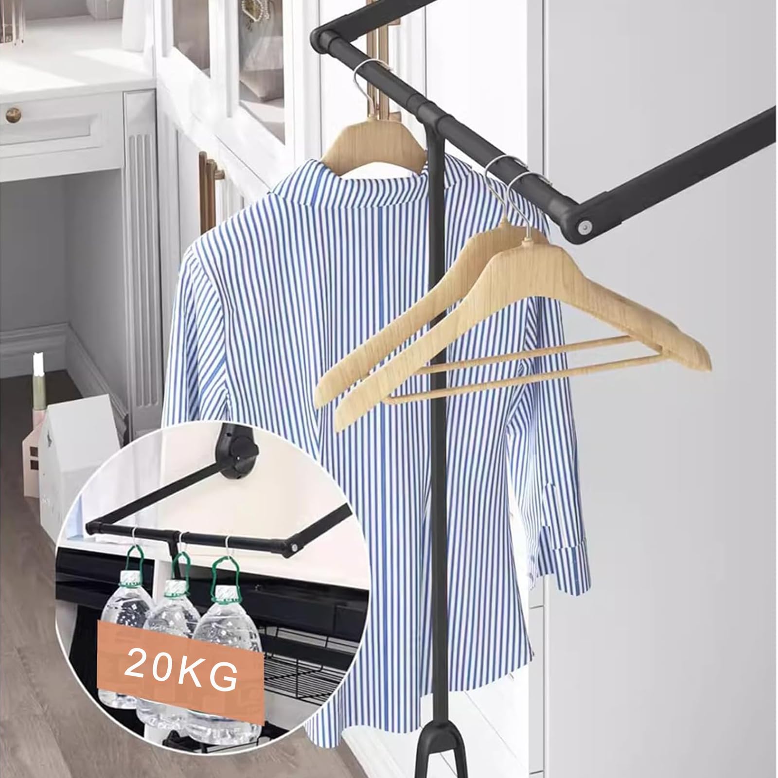 Elevador de Ropa Plegable Para Guardarropa, Aluminio, 85-115 cm | aluminio , carga 20 kg, sistema de doble amortiguación, ancho ajustable, para pared, cierre suave y ahorro espacio
