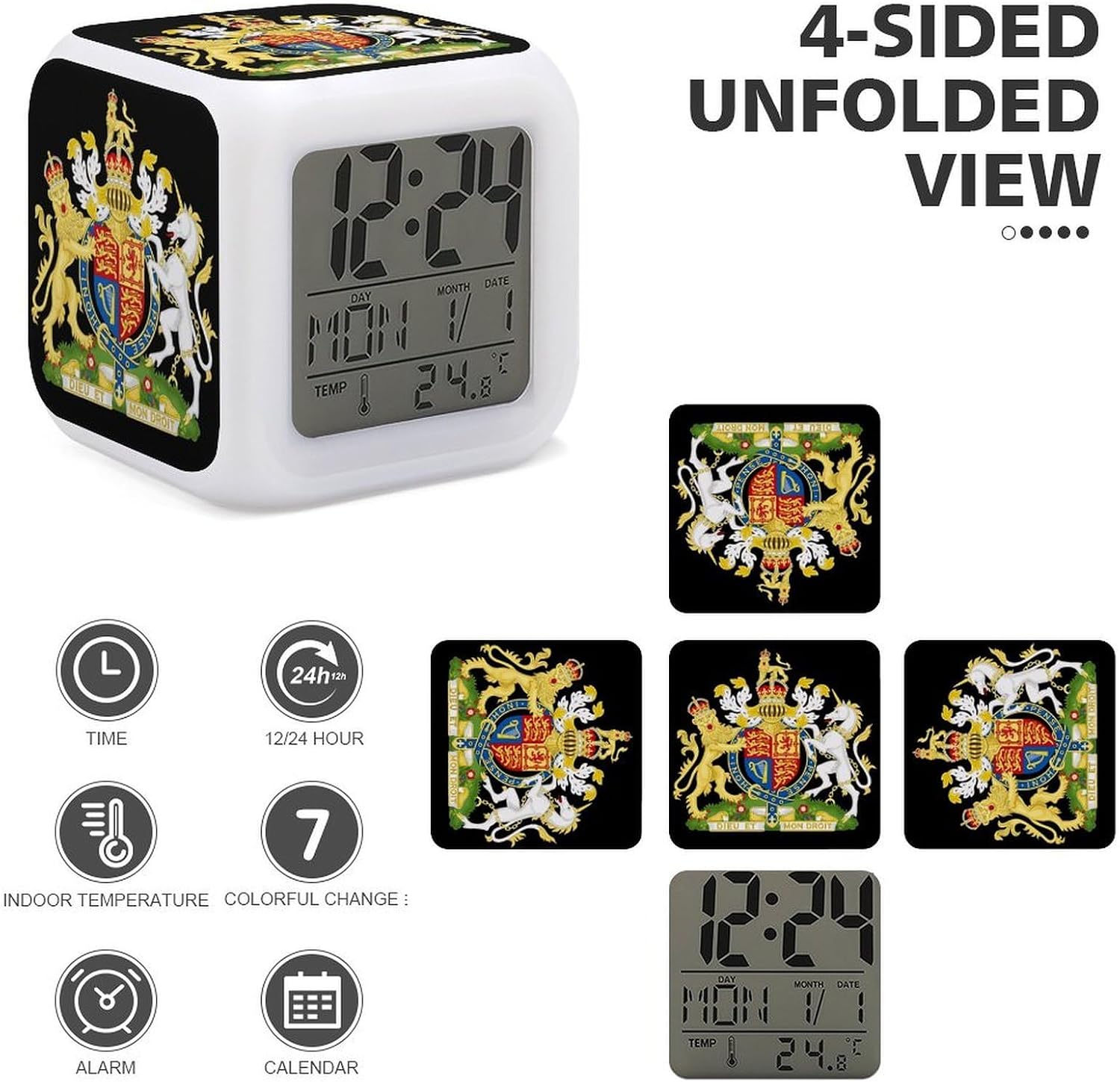 Night Light Alarm Clock, 7 Color Changing, British Royal Arms image 4