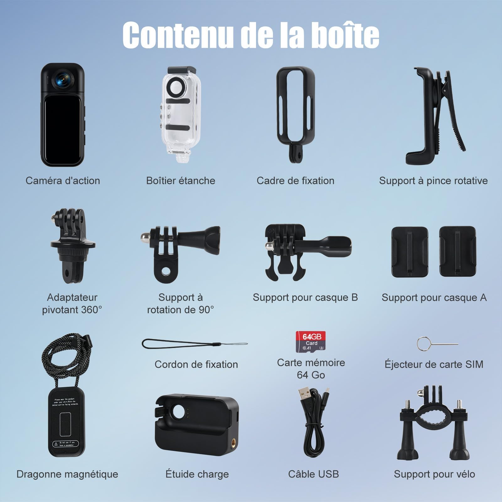Action Cam Mit Touchscreen, 8-Stunden-Akku, Mini POV Bodycam, Wasserdicht 30M, 120° Weitwinkel, WLAN + 64 GB Karte & 10+ Zubehör für Radfahren, Reisen, Haustiere und Sport