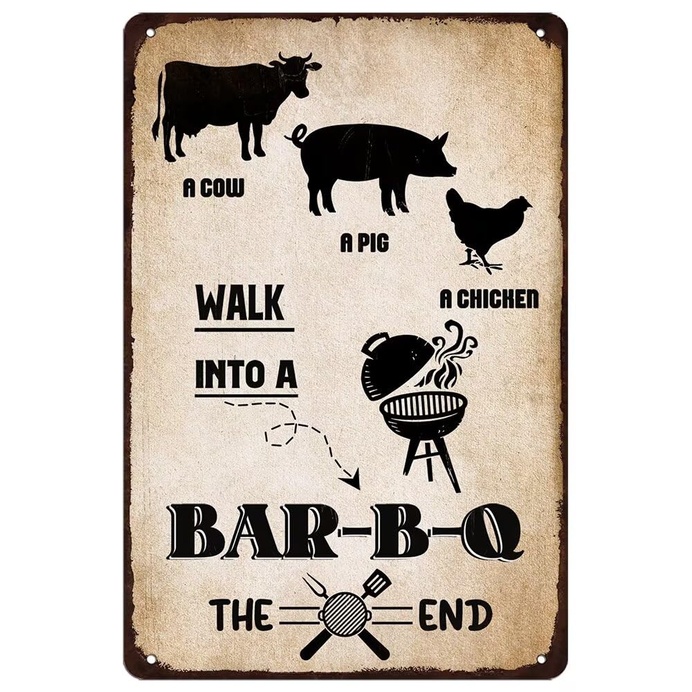 peiyeety Vintage A Cow A Pig A Chicken Walk Into a BBQ The End Metal Tin Sign Rustic Funny Camping BBQ Signs for Home Kitchen Restaurant Pubs Lake House 8"x12"