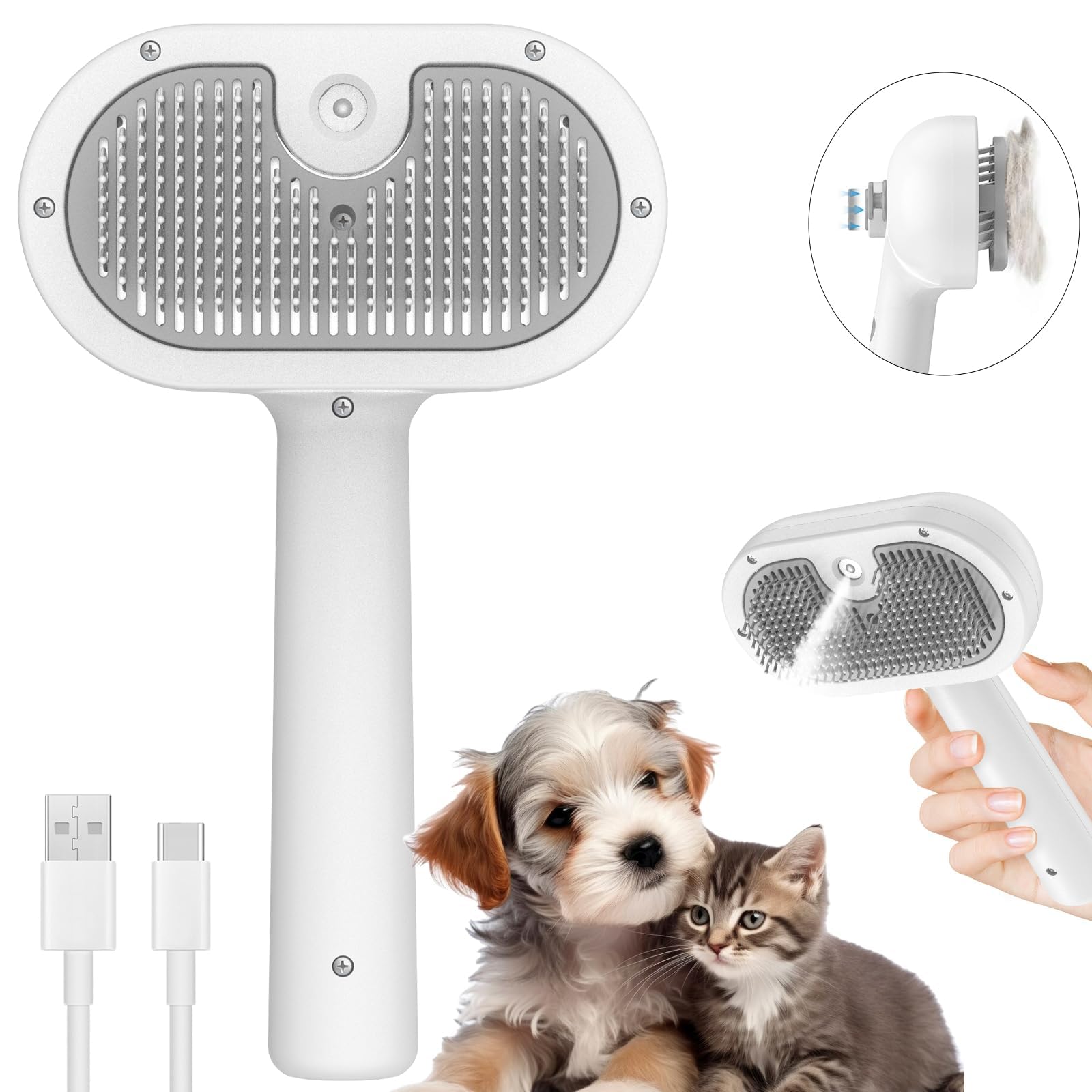 Osinaga Spazzola per Cani Spazzola per Gatti con Serbatoio d'acqua e Spruzzatore Spazzola Districante per Animali Domestici Spazzola a vapore a pelo Lungo/Corto per la Toelettatura di Cani e Gatti