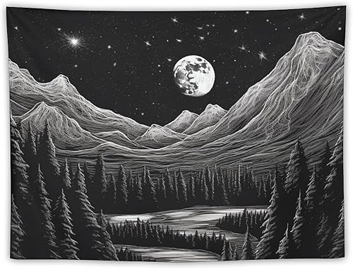 BAHELS Tapiz estético de noche estrellada en blanco y negro, luna, estrellas, naturaleza, montaña, tapiz de tela, decoración de pared para