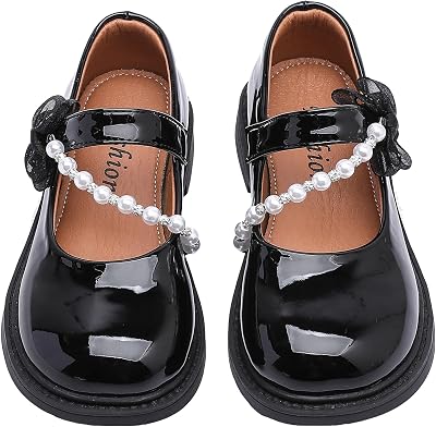 WUIWUIYU Girls Black Mary Jane Shoes Ankle Strap School Uniform Dress Loafers Bow Pearls Flower Casual Flats