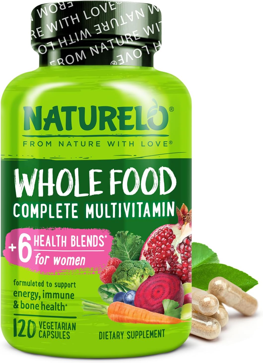 NATURELO Whole Food Multivitamin for Women – with Vitamins, Minerals, & Organic Extracts – Supplement for Energy and Heart Health – Non GMO – 120 Vegan Capsules