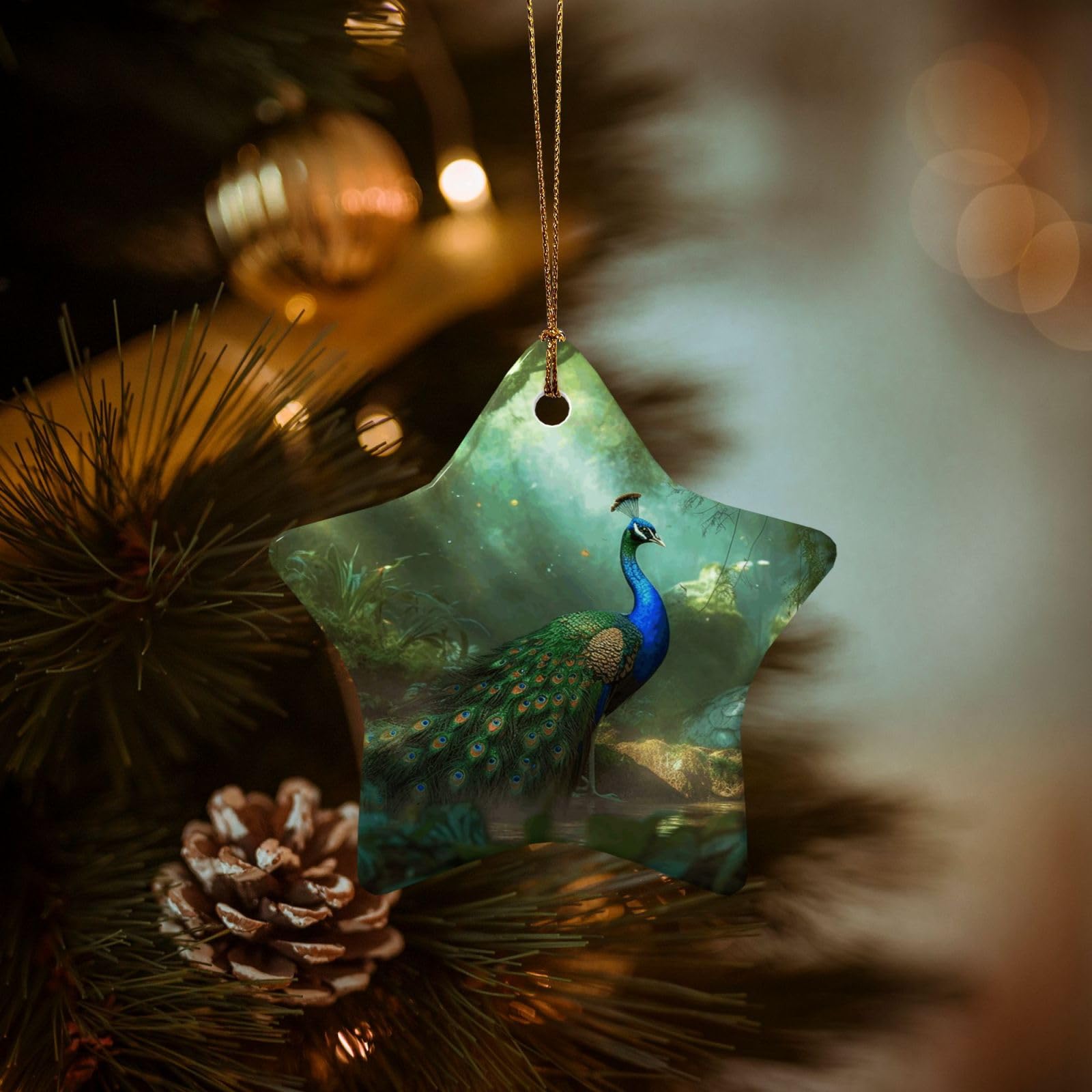 Christmas Tree Ornaments Ceramics Christmas Decorations Peacock Ornaments with Gold Ribbon Porcelain Xmas Tree Crafts Star Shape Hanging Pendant for Christmas Tree Party Decor