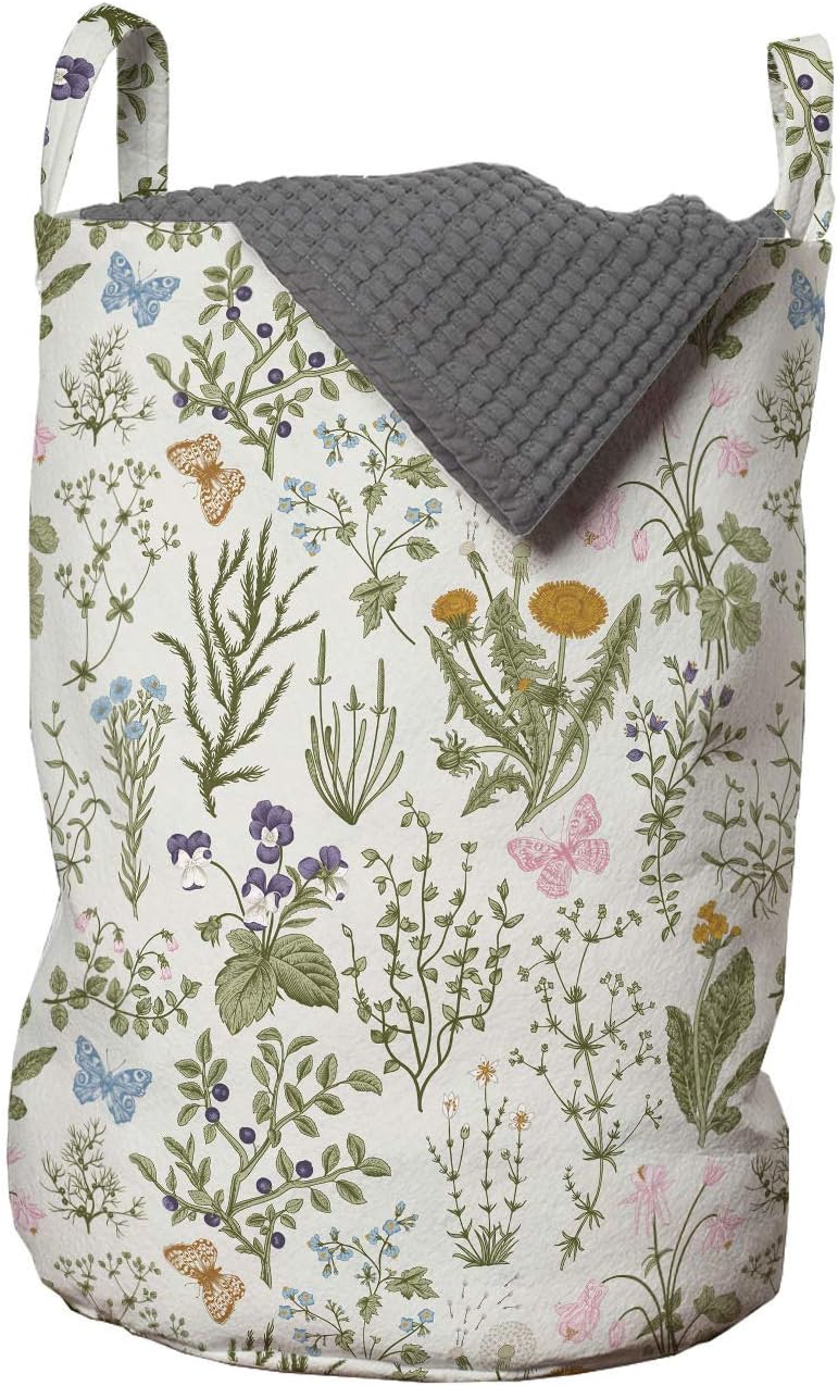 AmbesonneFloral Laundry Bag, A Vintage Garden and Plants Herbs Flowers Botanical Classic Design, Hamper Basket with Handles Drawstring Closure Organizer for Laundromats, 13" x 19", Reseda Green Beige