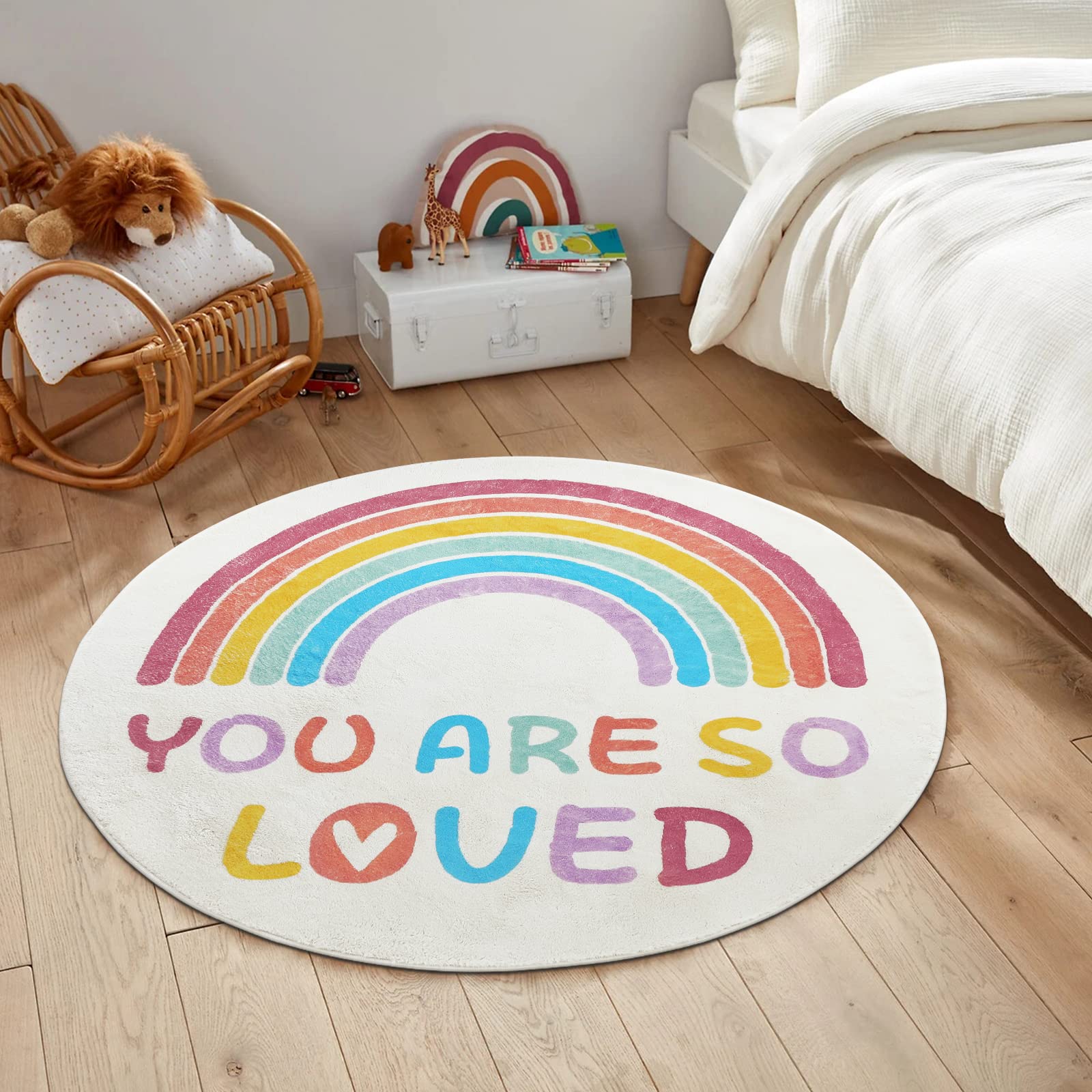 Enyhom Tappeto rotondo da 120 cm, motivo arcobaleno, per cameretta dei bambini, morbido, antiscivolo, lavabile in lavatrice, per gattonare