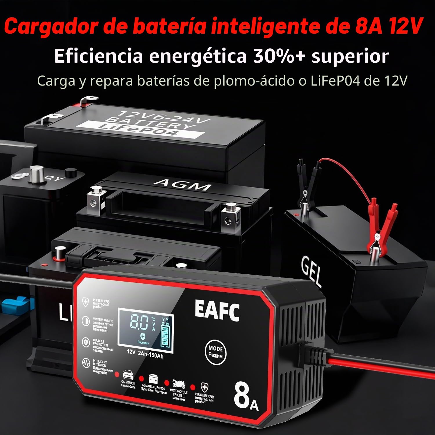 Cargador inteligente de batería de coche de 12 V 8 A, reparación de pulsos, carga rápida para coche, Moto AGM, gel, plomo ácido, LiFePO4, carga de batería con pantalla LCD y modo de reparación