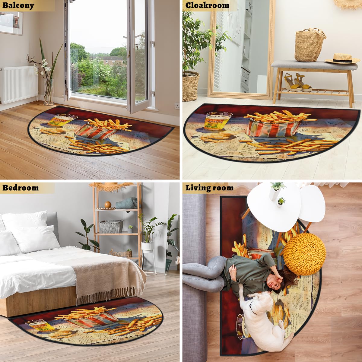 Mexpekil Paillasson demi-lune pour intérieur et extérieur - Lavable - Absorbant la saleté - Demi cercle - Motif frites - 100 x 160 cm