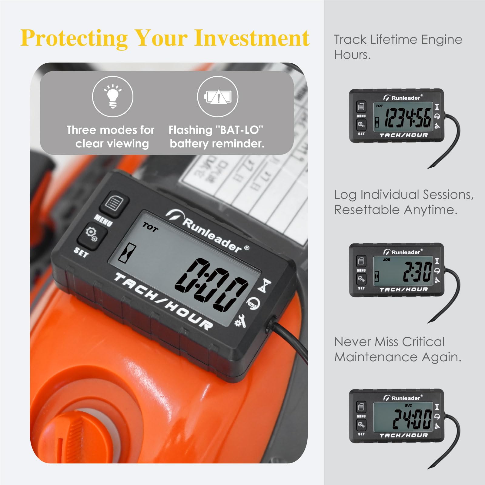 Cuentahoras digital para motos, ATV y barcos. Resistente al agua IP67, batería reemplazable, alerta RPM y recordatorio de mantenimiento. Universal para motores de 2 y 4 tiempos.