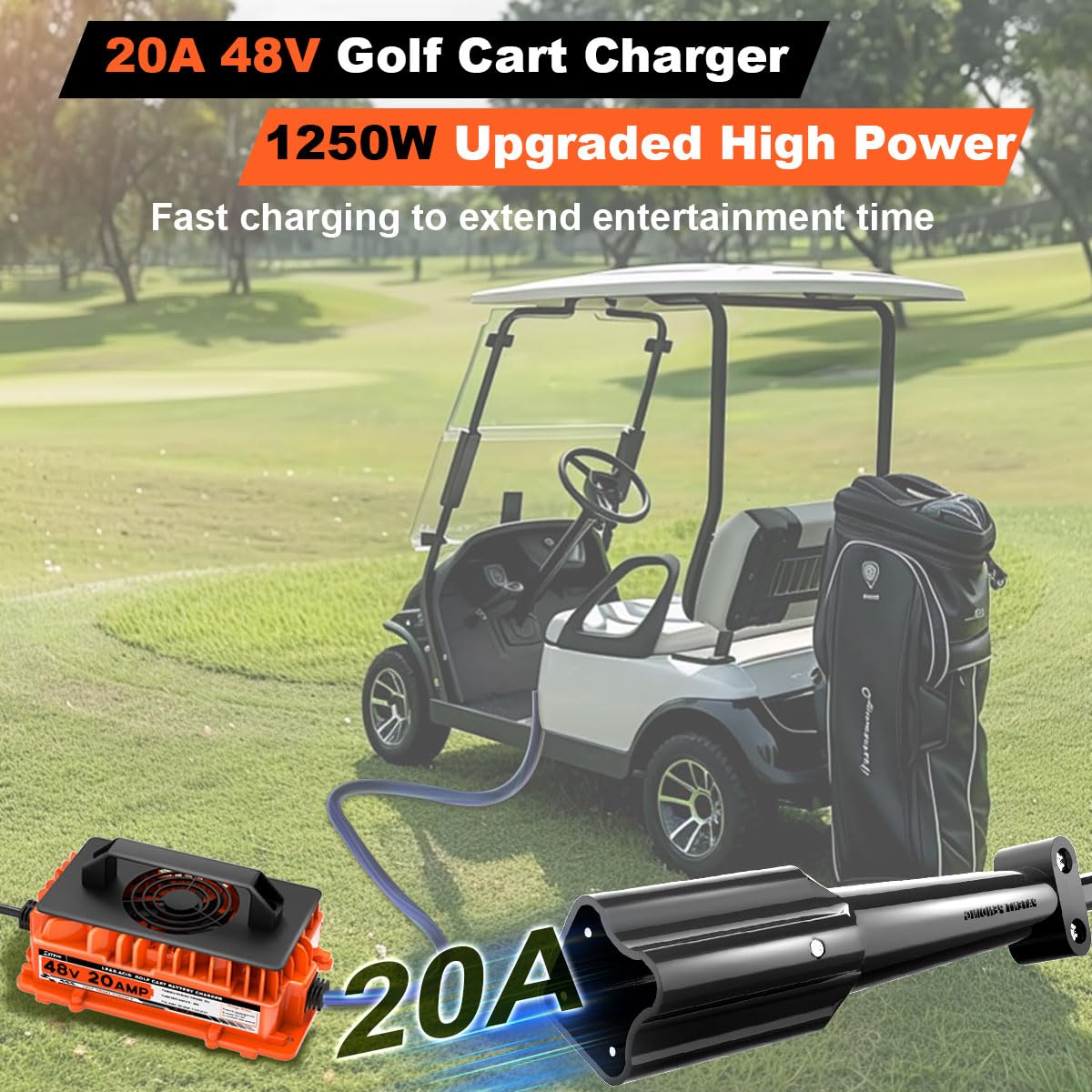 20 AMP 48 Volt Golf Cart Battery Charger for Yamaha G29 with 3-Pin Leaf Plug 48V 20A 1250W Lead-Acid Battery Charger IP67 Waterproof