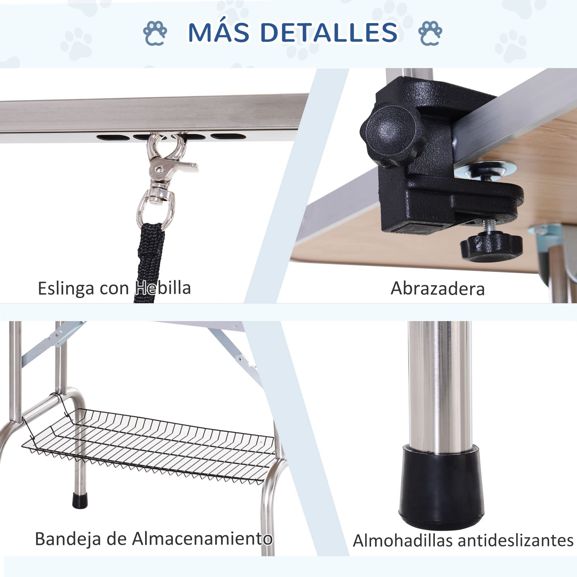 PawHut Mesa de Peluquería Canina Plegable, Mesa de Aseo con Cesta de Rejilla Metálica, Encimera Antideslizante, Barra de Acero Inoxidable Ajustable, para Perros, Gatos, 107x60x164 cm, Azul