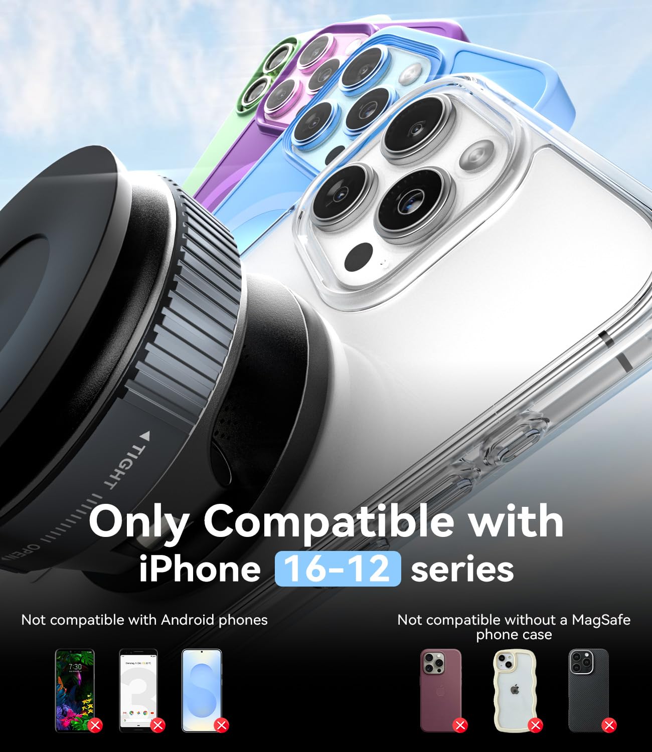 15W Support Telephone Voiture Induction Compatible avec Chargeur Magsafe Voiture, Ventouse Améliorée Support Téléphone Voiture sans Fil Magnétique pour iPhone 17/16/15/14 séries, avec QC 3.0