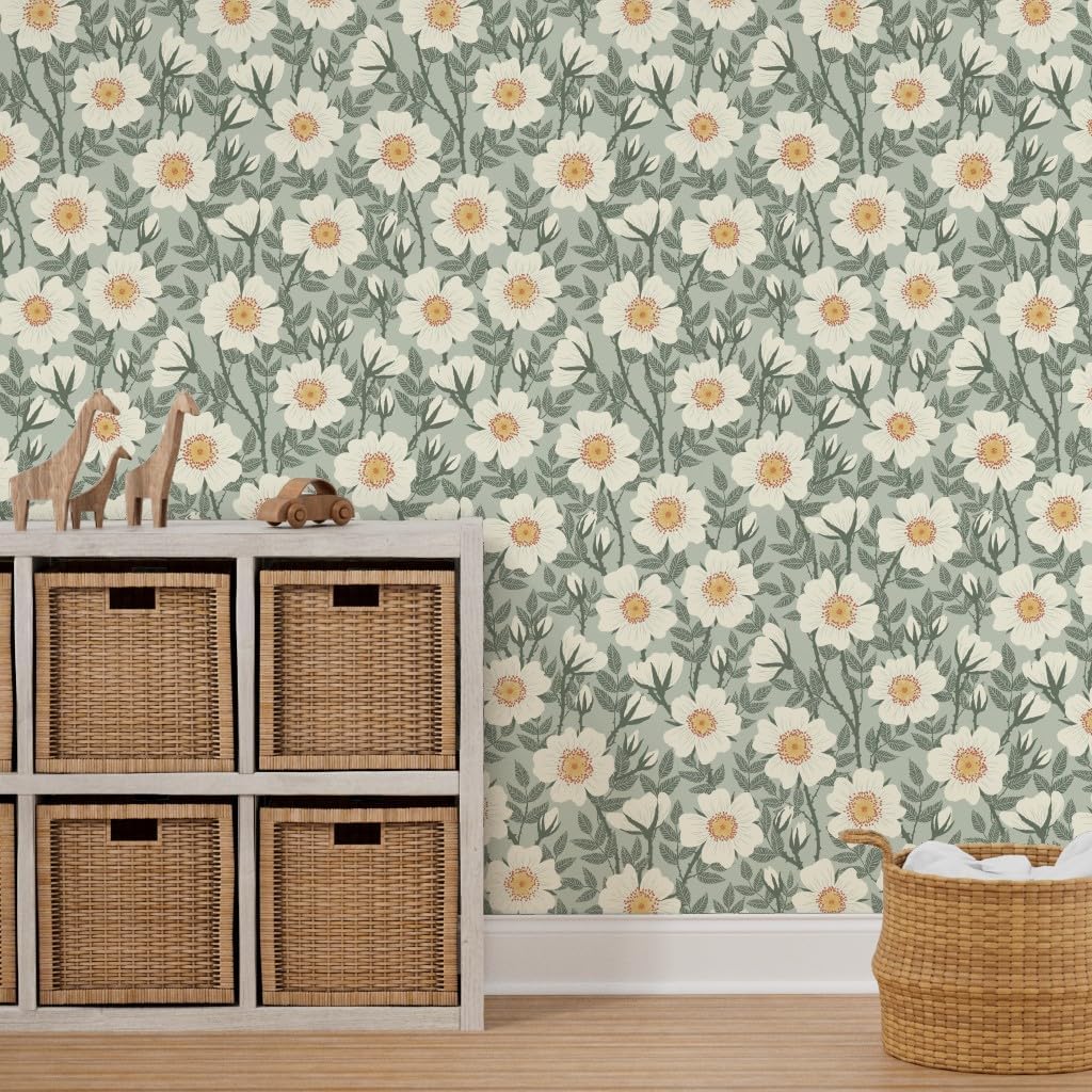 Peel & Stick Wallpaper 3ft x 2ft - Wild Roses Sage Green Vintage Floral Jade Neutral Custom Removable Wallpaper by Spoonflower