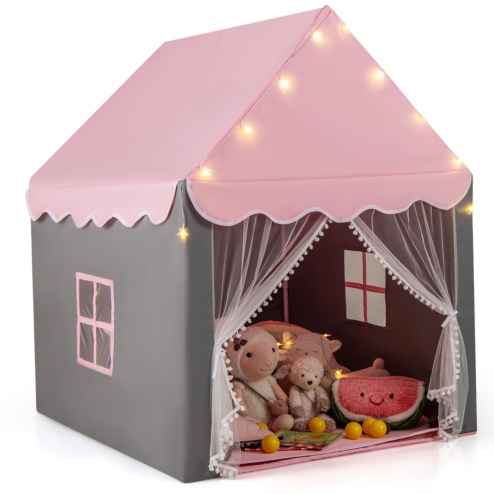GYMAX Kids Tent, Fairy Play Castle with Washable Mat, Star Lights & Windows, Outdoor Indoor Children Playhouse Tents for Girls Boys Gift (Pink with Yellow Lights)