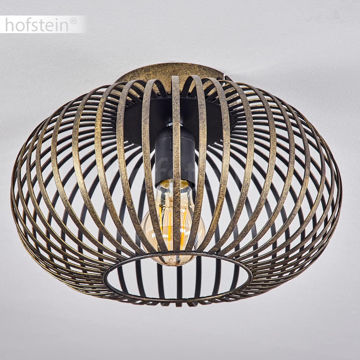 Plafoniera Oravi, lampada da soffitto rotonda in metallo in nero antico, 1 luce, attacco E27, senza lampadina, Ø 30 cm, luce retro/vintage con grande effetto luminoso grazie all'ottica a reticolo