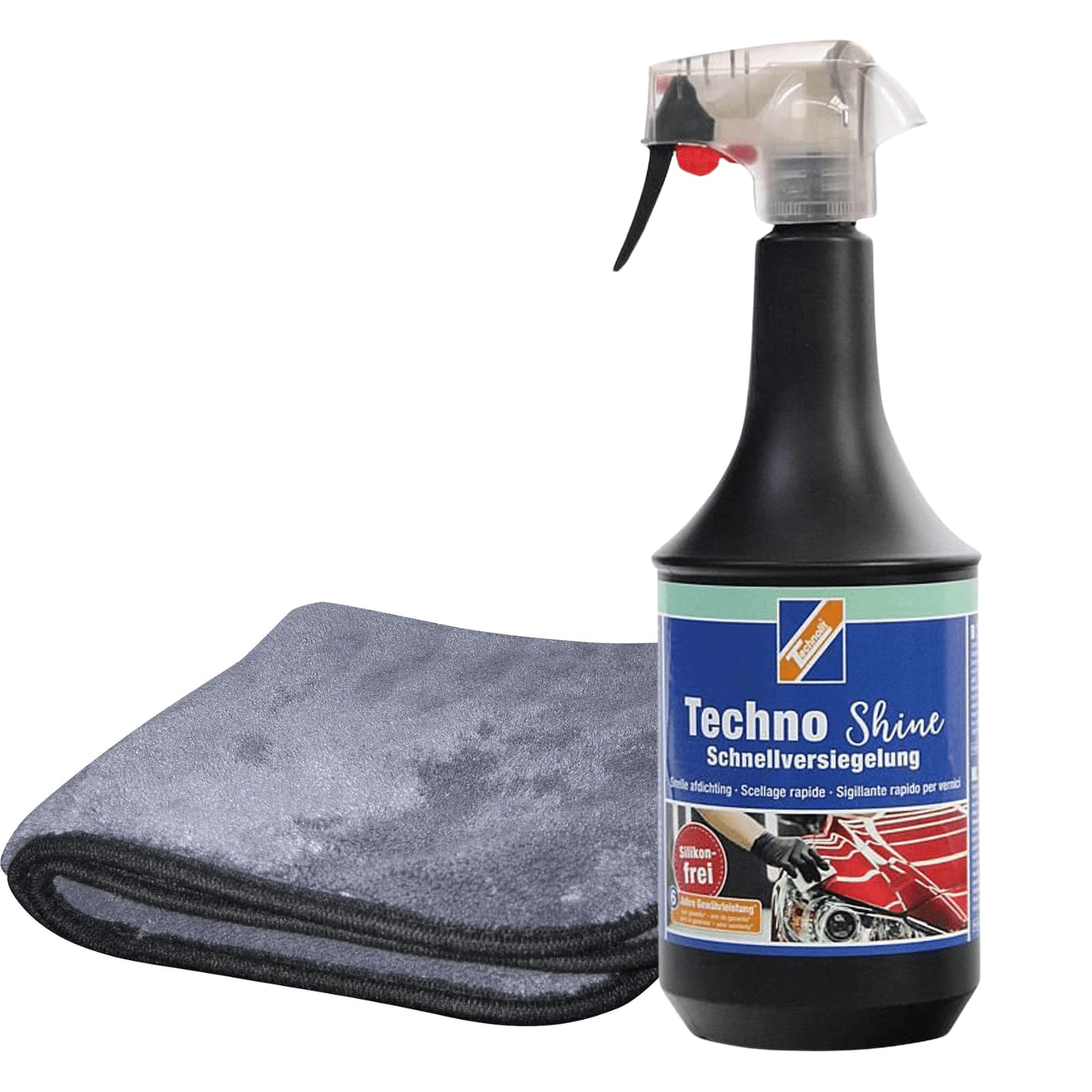 TECHNOLIT Lackversiegelung Techno Shine 1L | Set mit Poliertuch | Reinigt & versiegelt Kunststoffe, Glas oder Gummi | Hoher Glanzwert | Langanhaltender Schutz für das Auto | Autopolitur