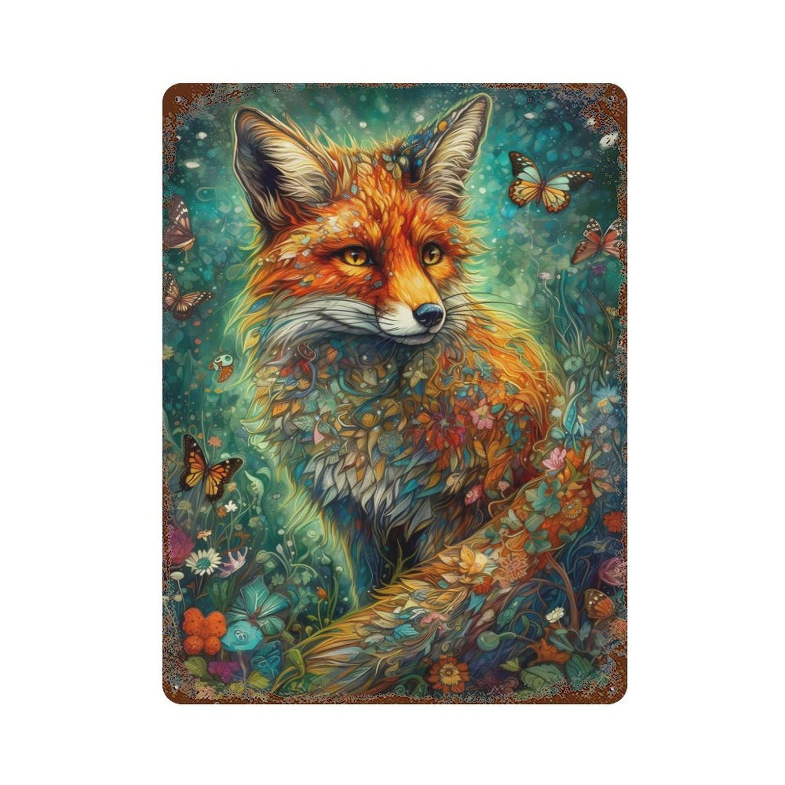 Rust Effect Fox Butterefly Rustic Tin Plaque 15.7"x11.8", Decorative Metal Wall Art for Farmhouse, Kitchen And Entryway Decor