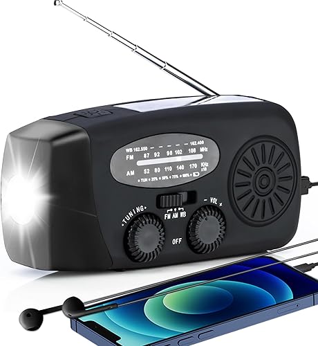 Radio de emergencia meteorológica de 7400 mWh, radios portátiles de manivela solar, carga USB tipo C, radio AMFMNOAA de 1 W, linterna LED de 2000