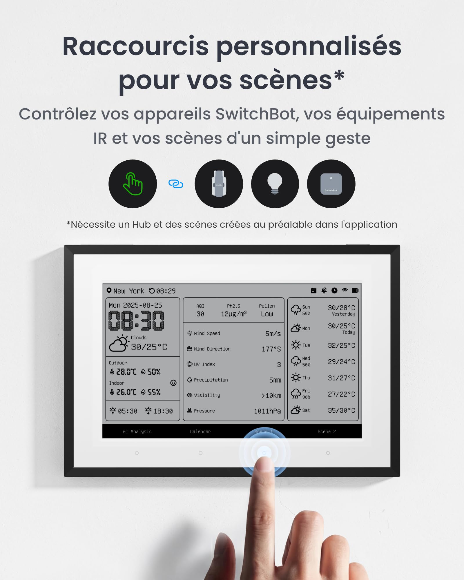 SwitchBot Tableau de bord domestique intelligent E-Ink, thermomètre hygromètre sans fil intérieur/extérieur avec calendrier, Wi-Fi 2,4GHz&BLE,compatible Google/iCloud/Outlook (2in1 Combo)