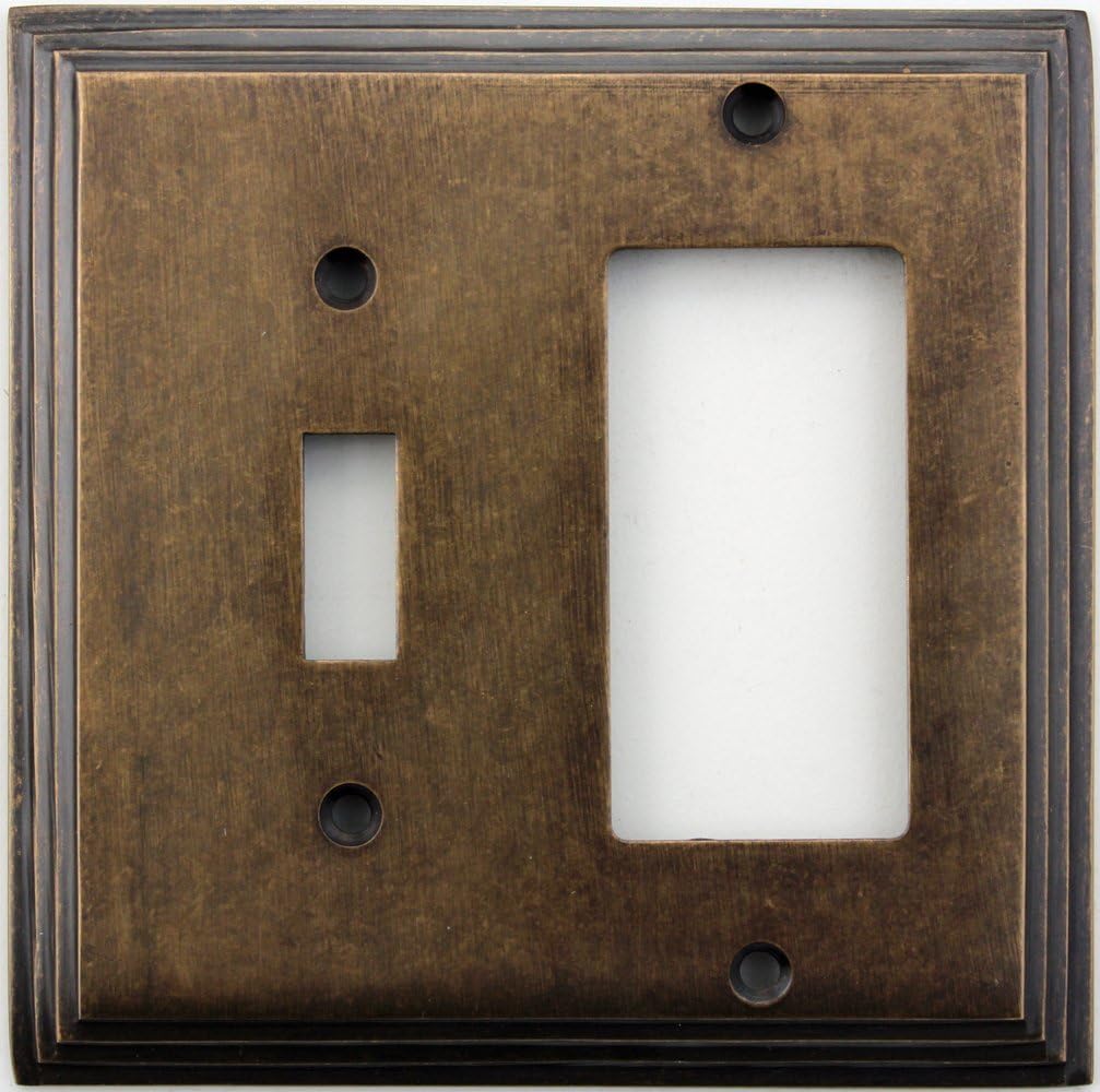 Classic Accents Deco Aged Antique Brass 2 Gang Wall Plate - 1 Toggle Light Switch Opening 1 GFI/Rocker Opening