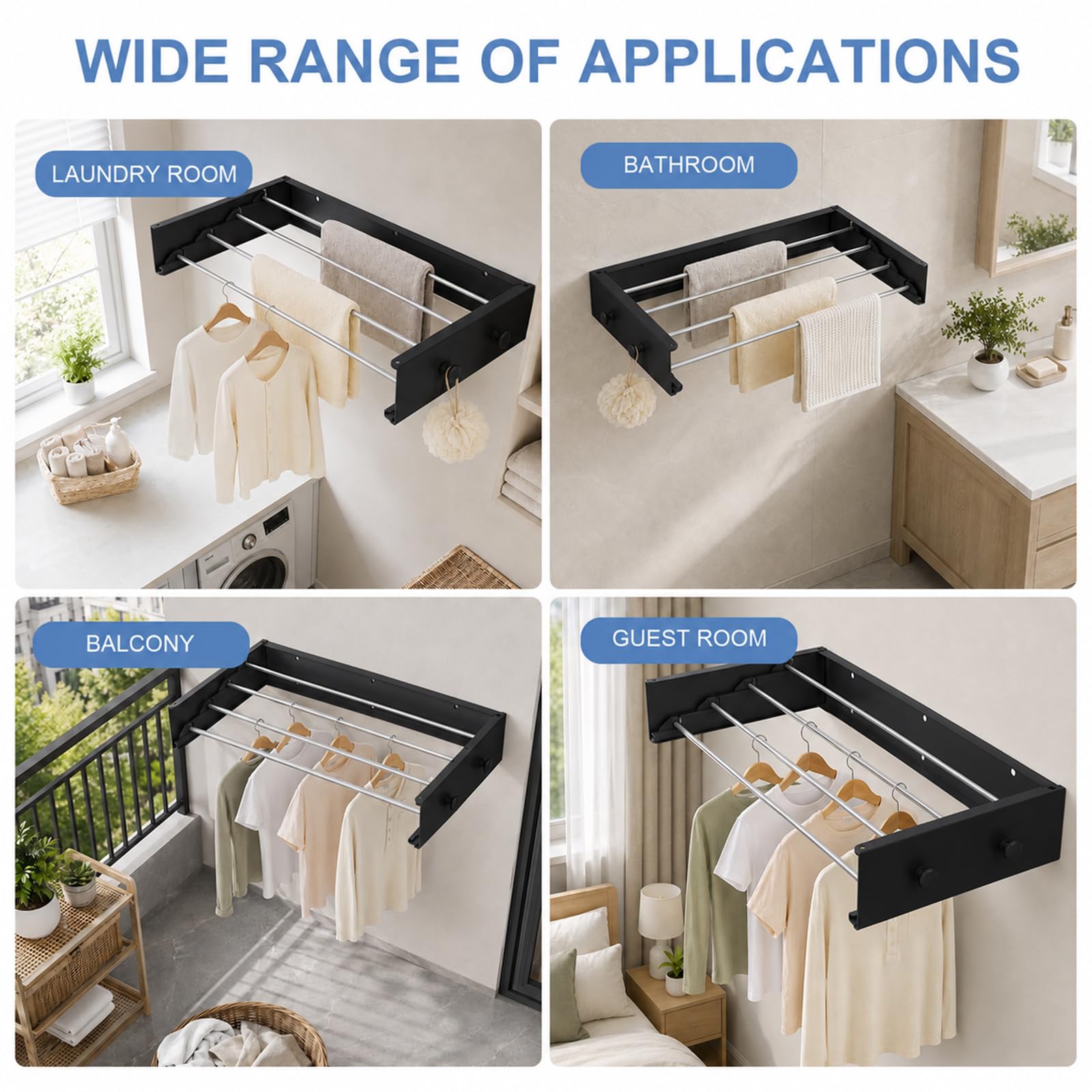 Stendibiancheria da parete, con gancio di aggiornamento, semplice stendibiancheria da parete, pieghevole, per interni o esterni, per balcone (60 cm con 4 ganci, nero)