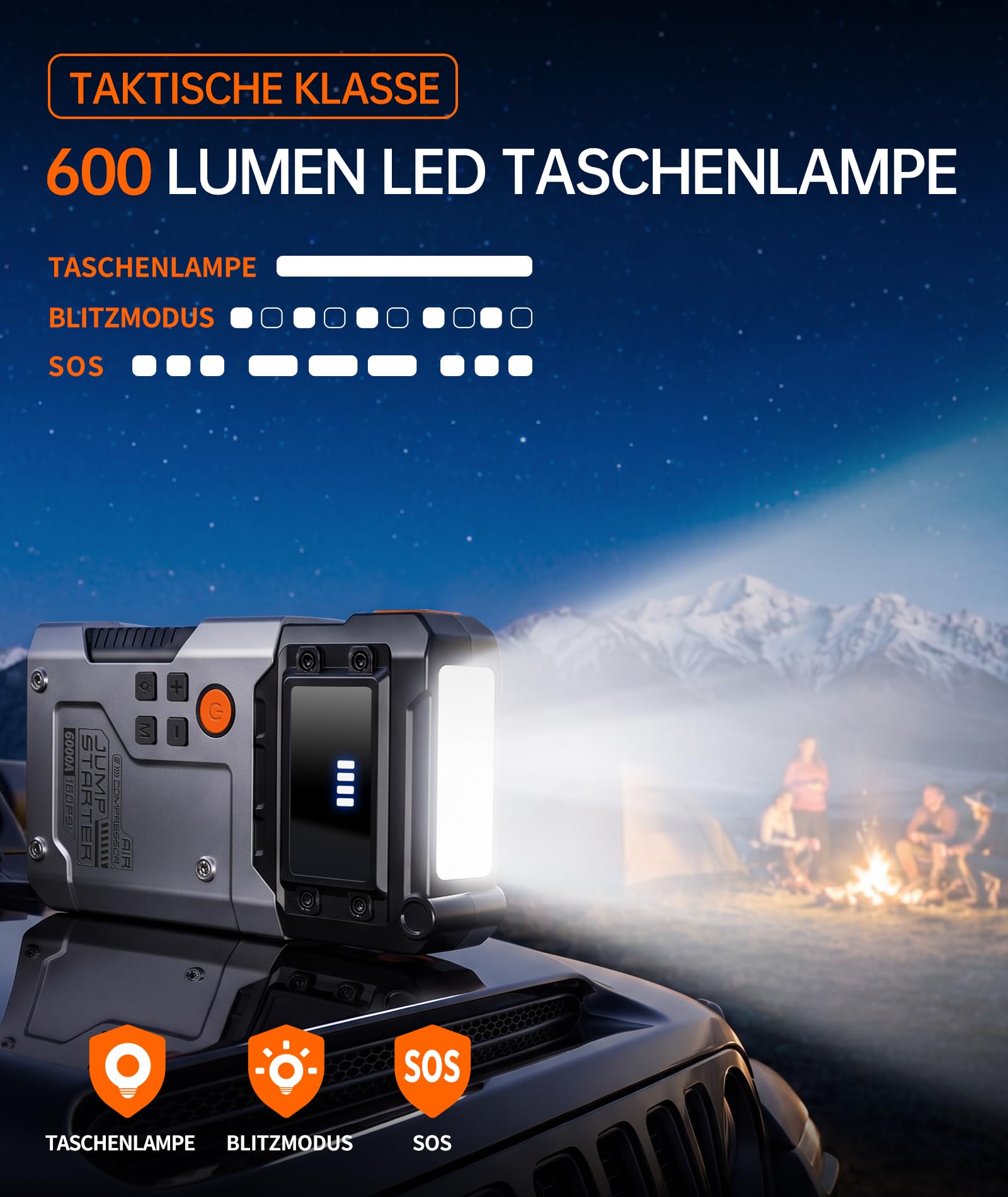 6000A Star thilfe Powerbank mit Kompressor 160PSI für Auto | Starthilfe Powerbank 6000A + 160PSI Kompressor. Geeignet für PKW, SUV, Motorrad, Boot. Verpolungsschutz. Inkl. LED-Lampe