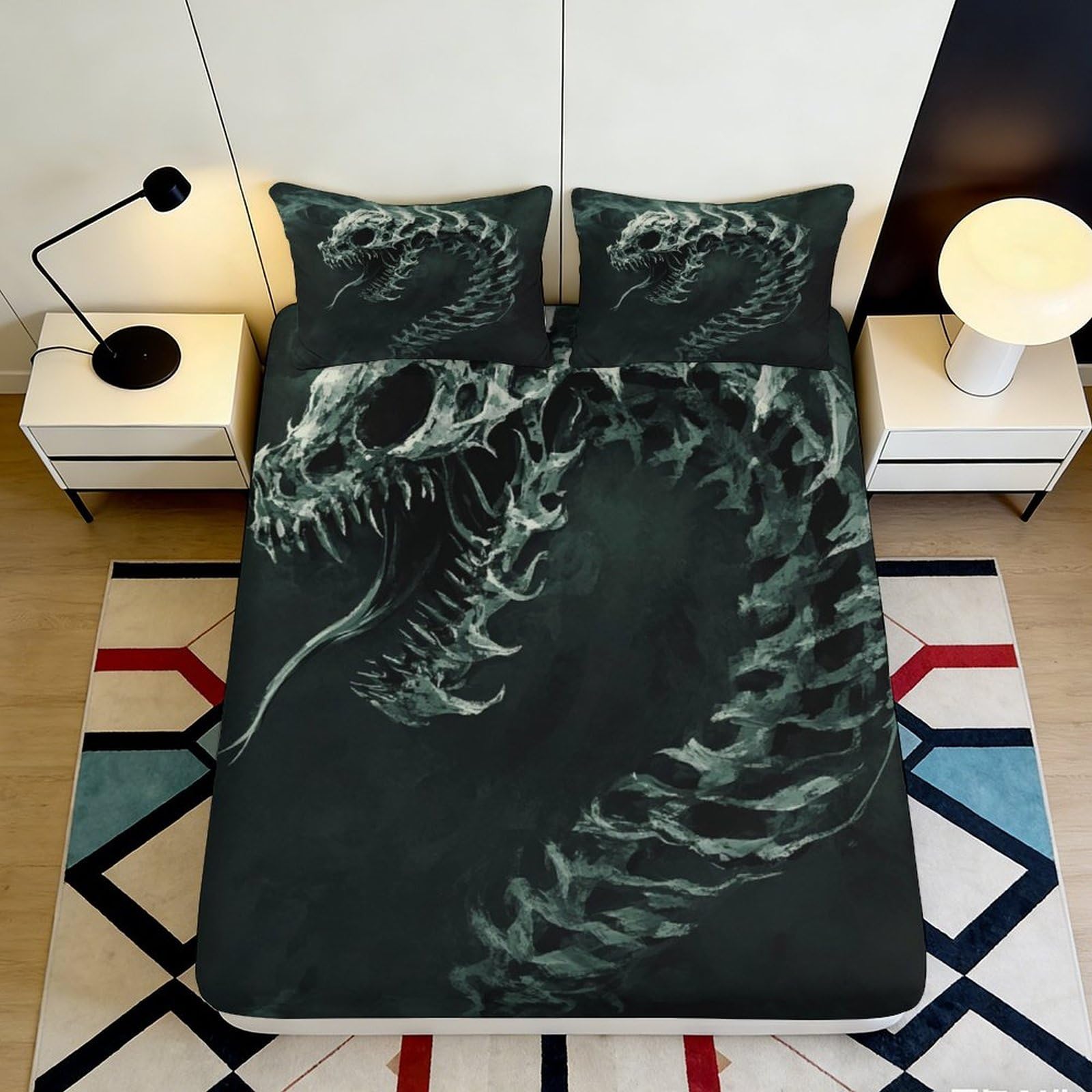 3D Printed Dark Skeleton Dragon Fitted Sheet Microfiber Soft Breathable Gothic Skull Bed Cover for Bedroom Dormitory Guest Room Mattress Protection 140x200x25cm