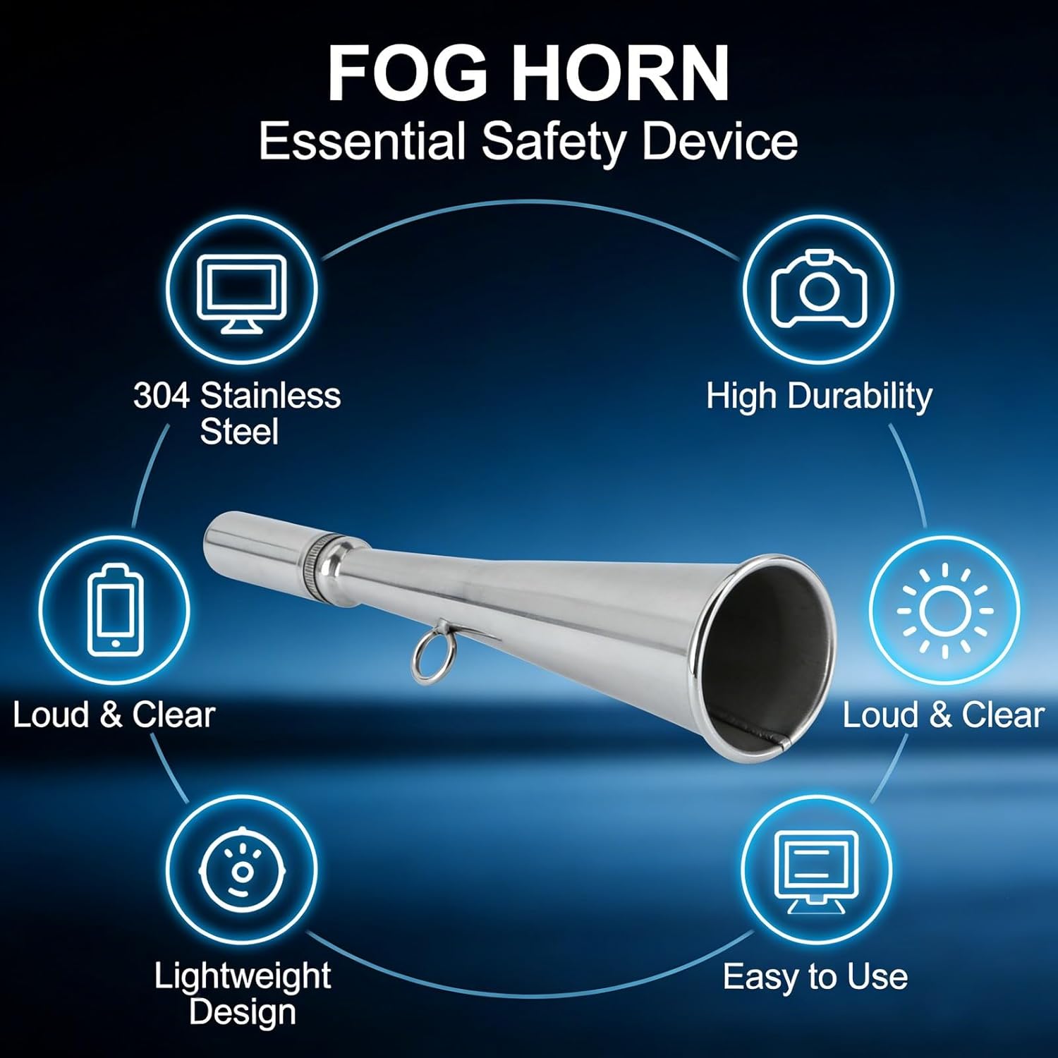 Handheld Foghorn, 304 Stainless Steel, 7.3 Inch - Powerful Mouth - Operated Emergency Signal, Marine Horn and Boat Accessory