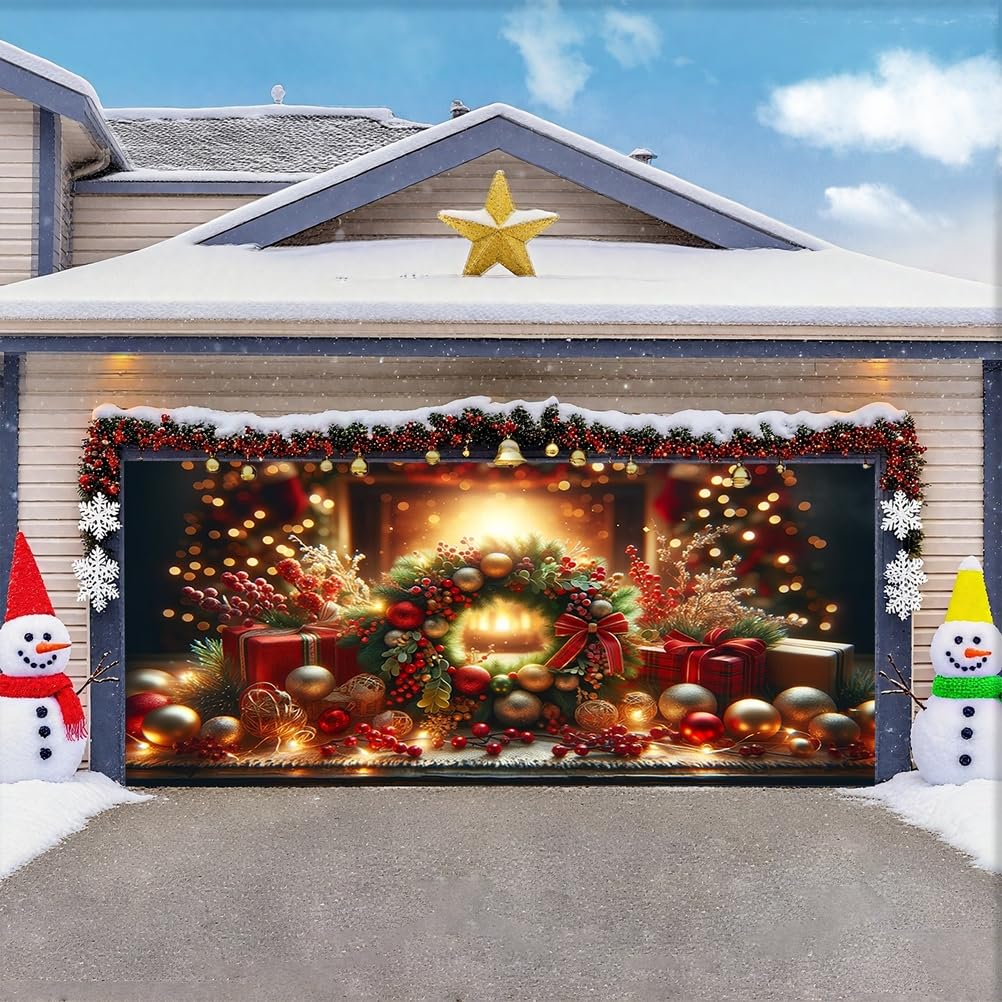 Zfflyh Christmas Wreath Christmas Garage Door Cover Banner Decoration Large Backdrops Holiday Door Cover Mural For Christmas Decoration For Xmas Eve Holiday Outdoor Wall Decor,,8X7ft