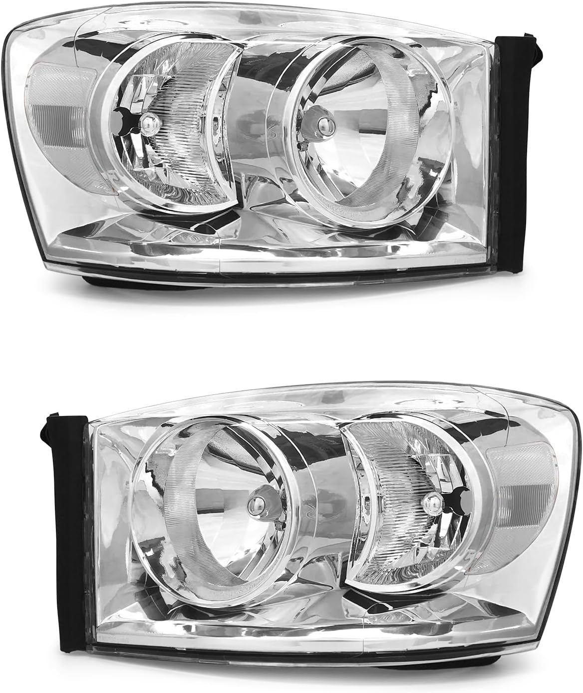 for 06 07 08 Dodge Ram 1500/06-09 Ram 2500 3500 Headlamp compatible with 2006-2009 Ram Headlight Assembly Clear Lens Chrome Housing with Reflector Headlamp Replacement Left + Right（W/O Bulbs）
