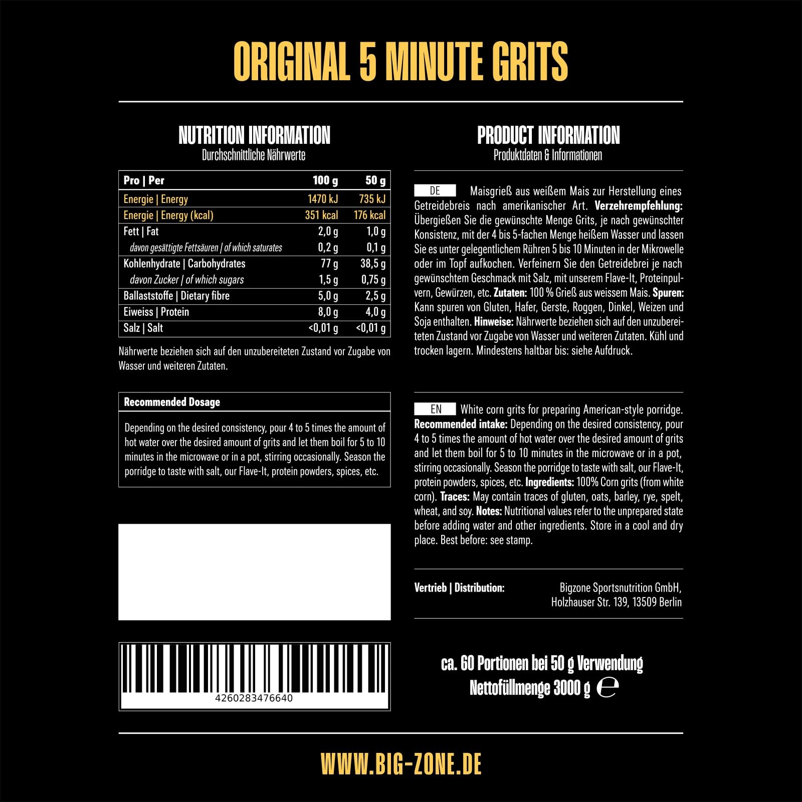 Big Zone Grits | 3000g weißer Maisgrieß, 60 Portionen | In 5–10 Minuten Zubereitet | Ohne Zusätze