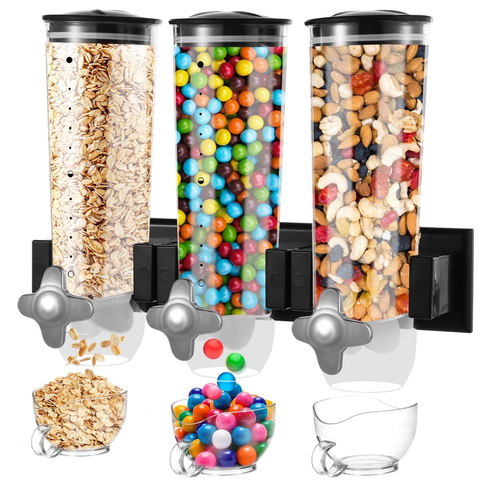 Dispenser da parete a 3 teste per cereali e alimenti secchi, contenitore trasparente da 4,5 l per snack, chicchi di caffè e cereali, soluzione salvaspazio da cucina