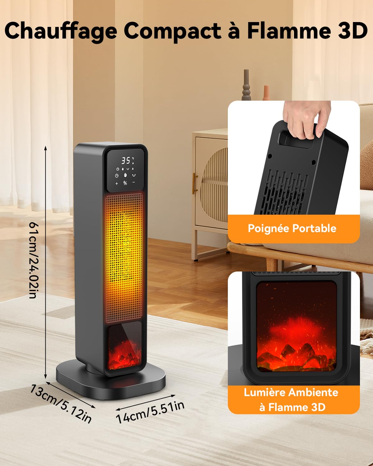 Chauffage d’appoint avec Flamme 3D, Chauffage Electrique Oscillant 70°, Radiateur Electrique Céramique PTC 2200W, 4 Modes, Mode ECO, Minuterie 12H, Silent, Contrôle Précis, Protection Multiple, Maison