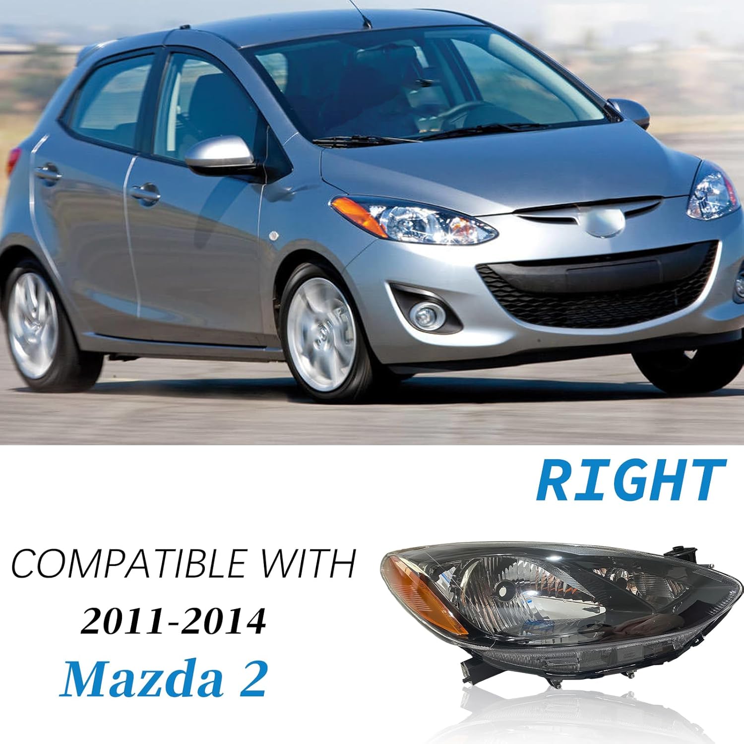 Headlight Assembly Compatible with 2011 2012 2013 2014 Mazda 2 Halogen Headlamp w/o Bulbs (Passenger Right Side)