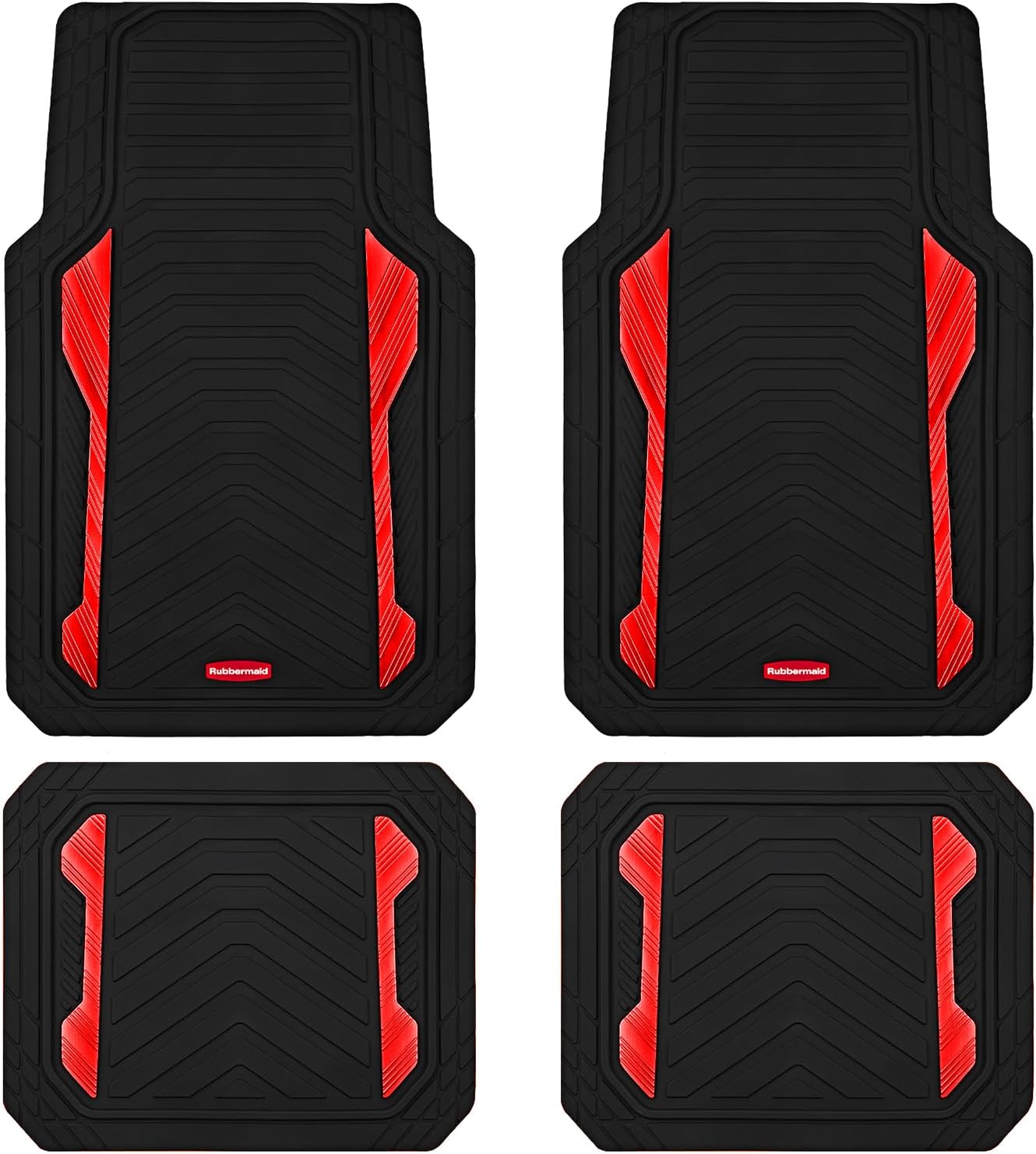 Rubbermaid Car Floor Mat, Heavy Duty All-Weather Car Mats Full Set with Dual-Tone Red Aluminum Inserts – Universal Fit, Anti-Slip Backing, Trim-to-Fit for Most SUV, Sedan, Van