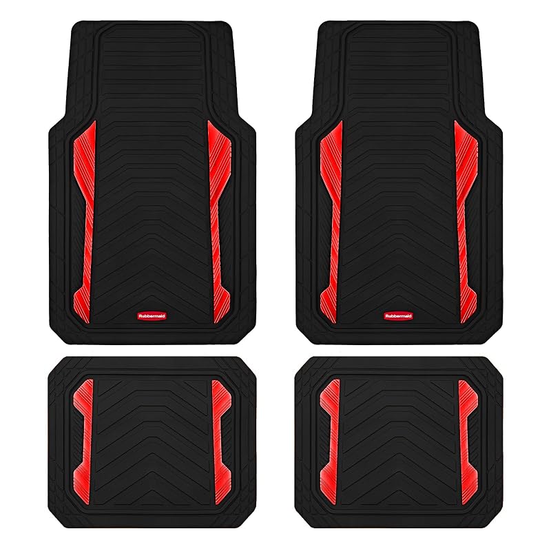 Tapete Automotivo Rubbermaid em Borracha com Inserções de Alumínio Vermelho, Ajuste Recortável, Conjunto com 4 Peças