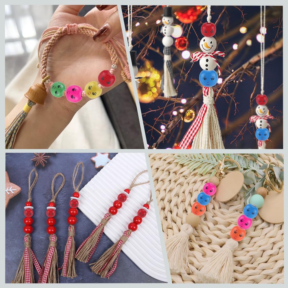 GORGECRAFT 200PCS Colorful Smile Face Wood Loose Beads 13MM Natural Wooden Spacer Ball Beads Round 4MM Hole Printed Bulk Smiling Doll Head Bead DIY Craft for Christmas Farmhouse Bracelet Necklace