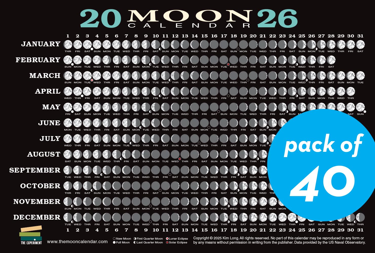 2026TYPE-MOONカレンダー 2026 Moon Calendar Card (40 pack): Lunar Phases, Eclipses, and