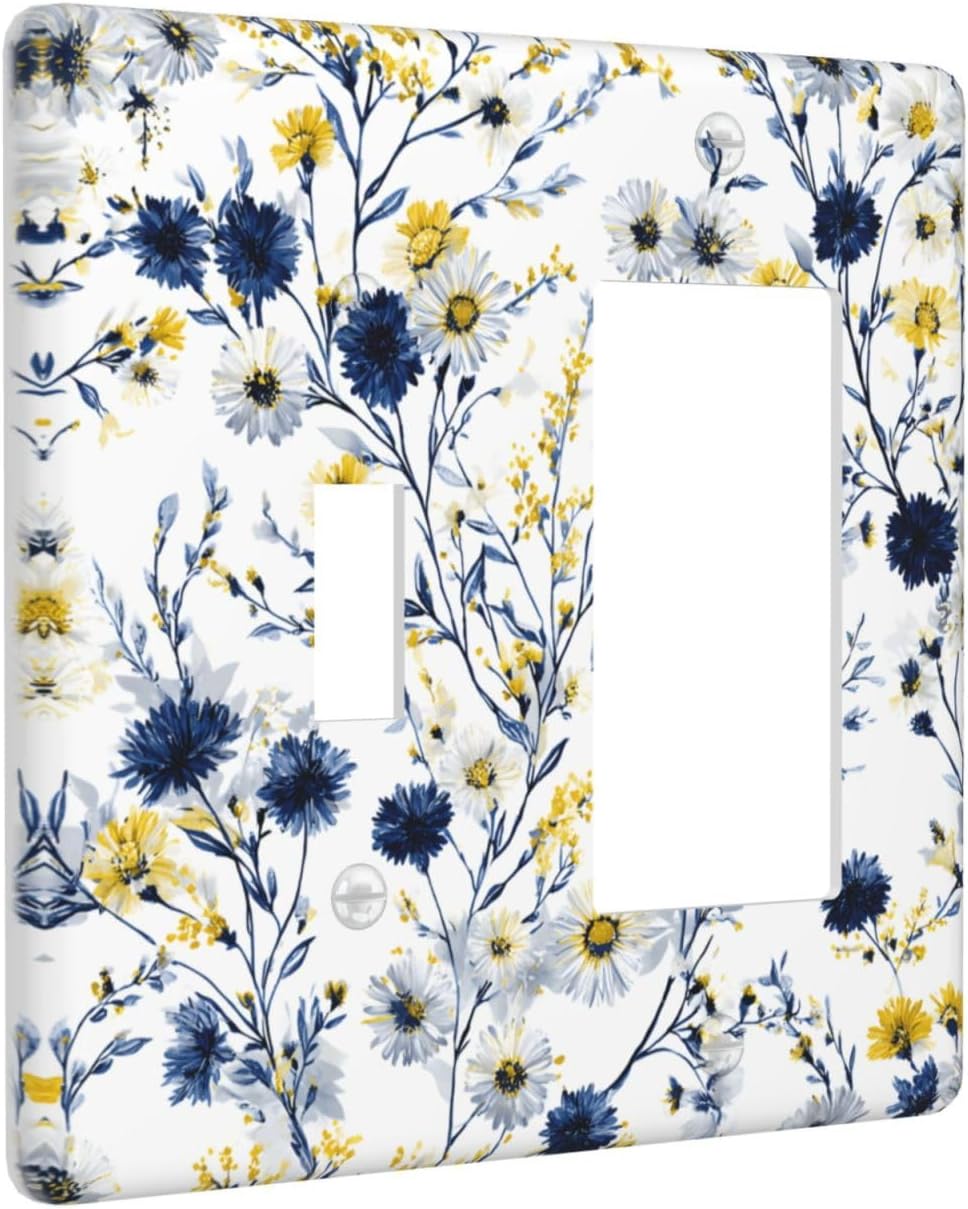 Decorative Outlet Covers Rustic Blue Flower Yellow Floral 2 Gang Light Switch Cover Plate Single Toggle 1 Rocker Wall Plates for Electrical Outlets Switch Plate Covers for Country Home Decor
