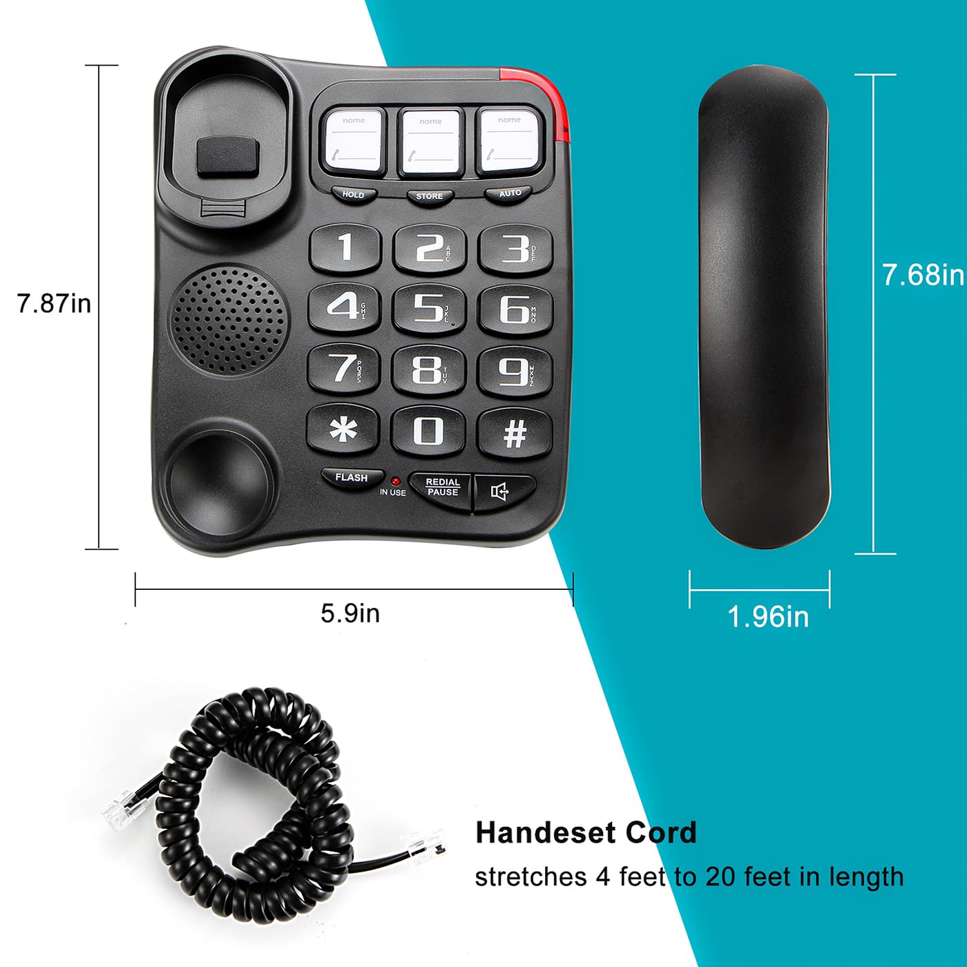 Telefono con cavo con pulsante grande per anziani: selezione rapida foto, controllo volume, vivavoce, cavo extra lungo, allarme flash, telefono da scrivania facile da usare, adatto per